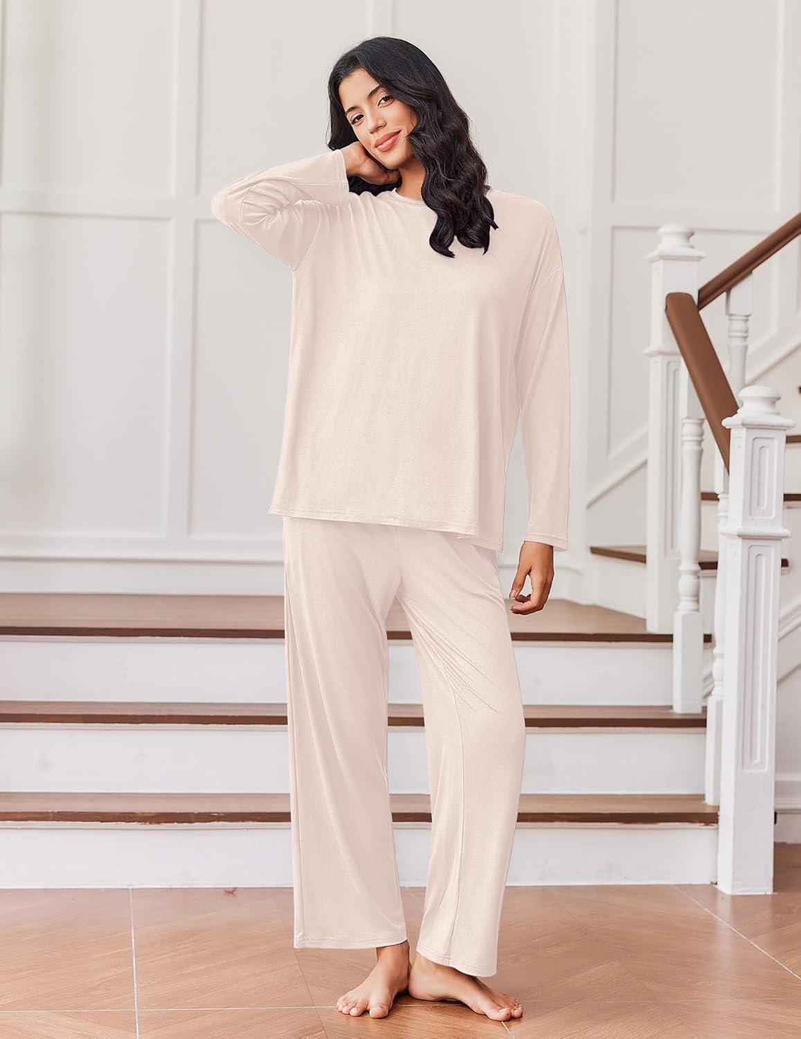 imageEkouaer Lounge Sets for Women Long Sleeve Pajamas 2026 Loungewear Soft Comfy Pjs Two Piece Travel Outfits SetBeige