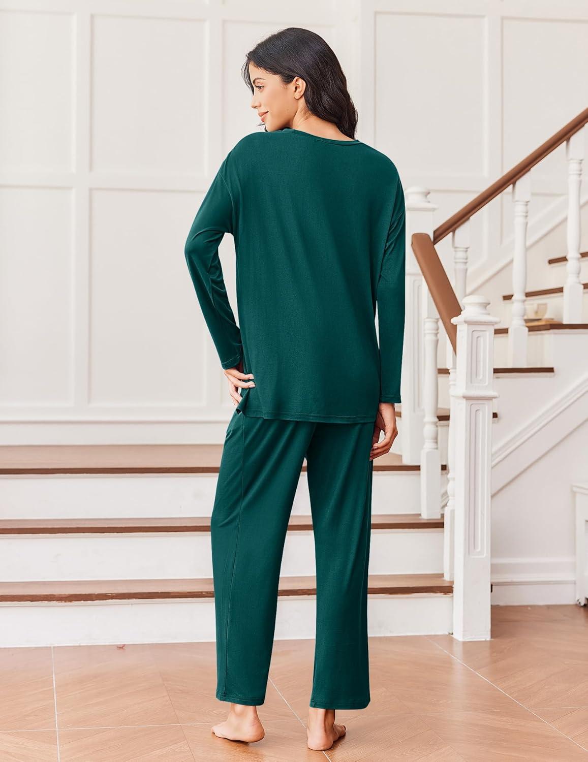 imageEkouaer Lounge Sets for Women Long Sleeve Pajamas 2026 Loungewear Soft Comfy Pjs Two Piece Travel Outfits SetGreen