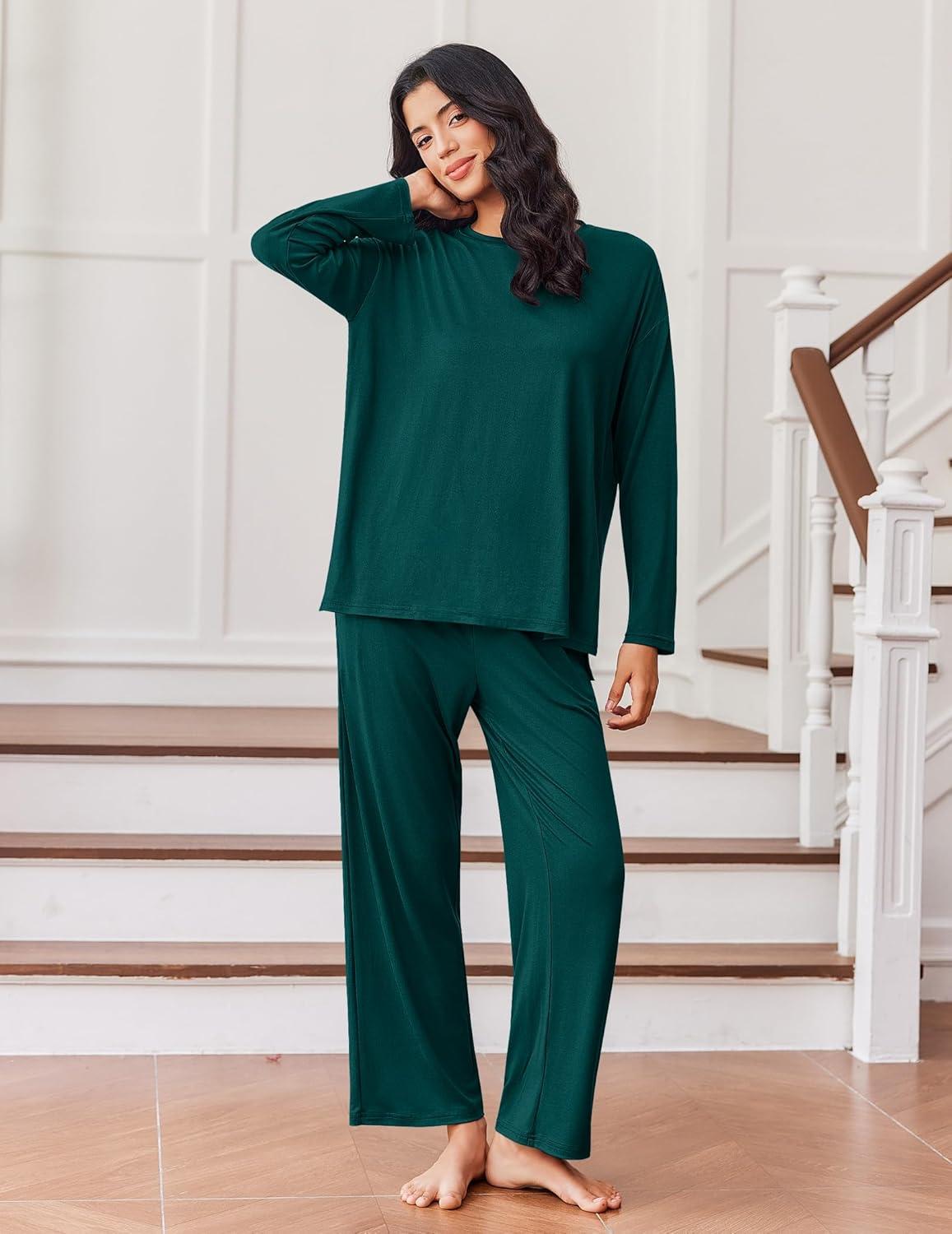 imageEkouaer Lounge Sets for Women Long Sleeve Pajamas 2026 Loungewear Soft Comfy Pjs Two Piece Travel Outfits SetGreen