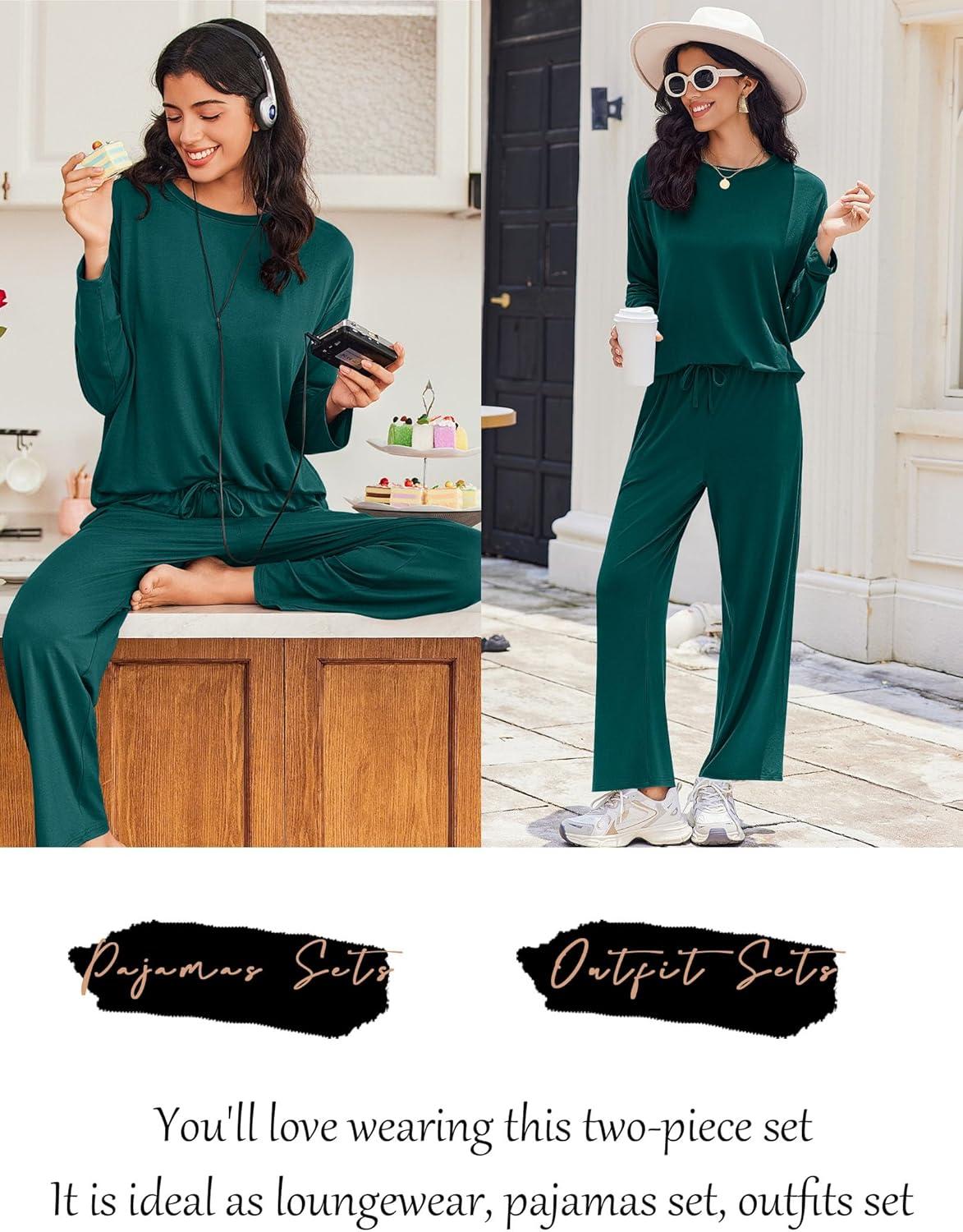 imageEkouaer Lounge Sets for Women Long Sleeve Pajamas 2026 Loungewear Soft Comfy Pjs Two Piece Travel Outfits SetGreen