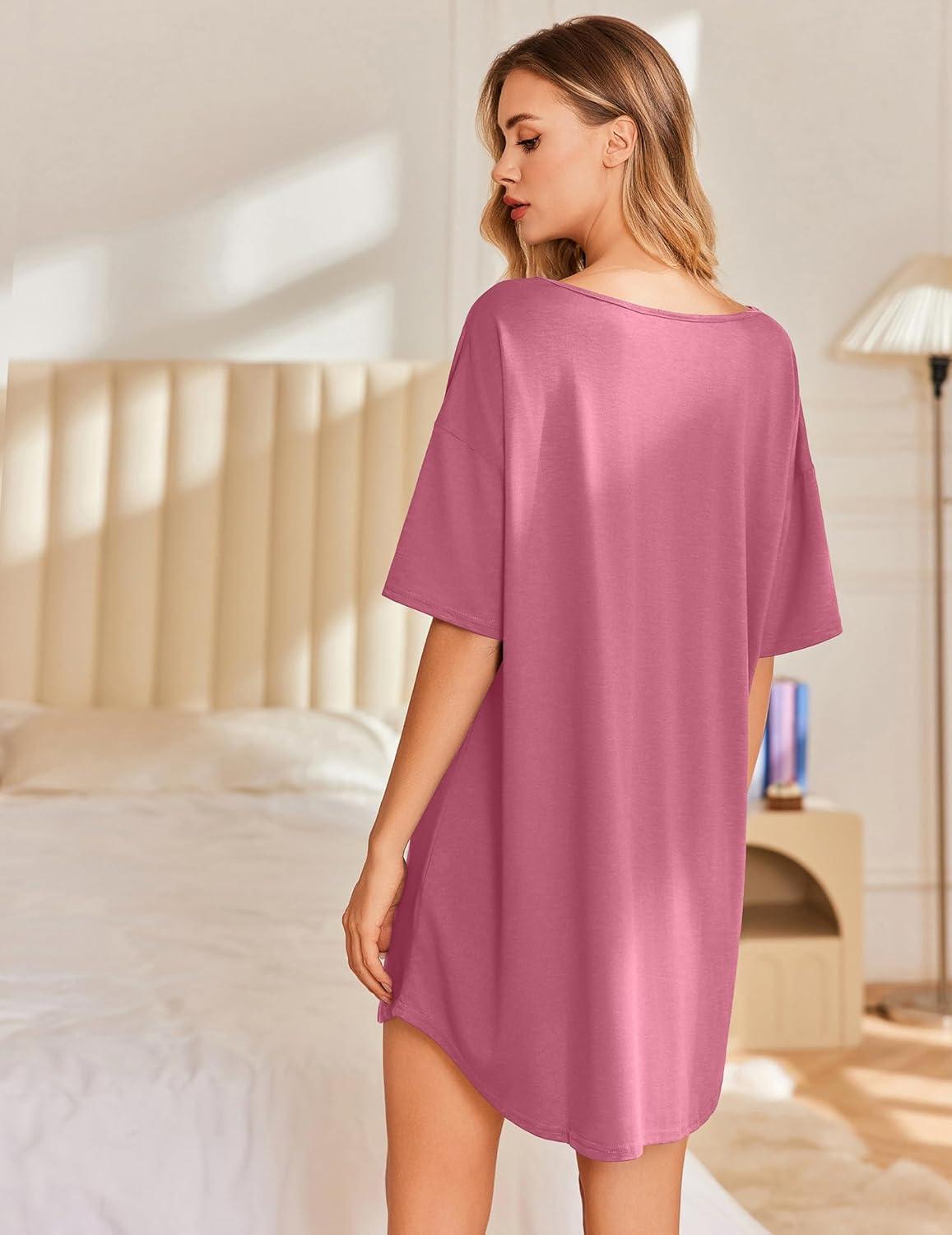 imageEkouaer Nightgowns for Women Bamboo Viscose Sleepshirt Short sleeve Nightshirt V Neck T shirt Night gown Boyfriend SleepwearCherry Red
