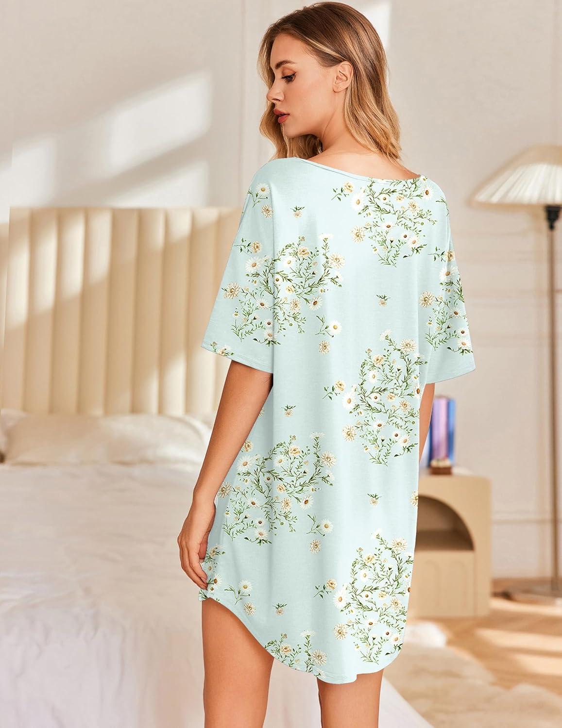 imageEkouaer Nightgowns for Women Bamboo Viscose Sleepshirt Short sleeve Nightshirt V Neck T shirt Night gown Boyfriend SleepwearFloral Green
