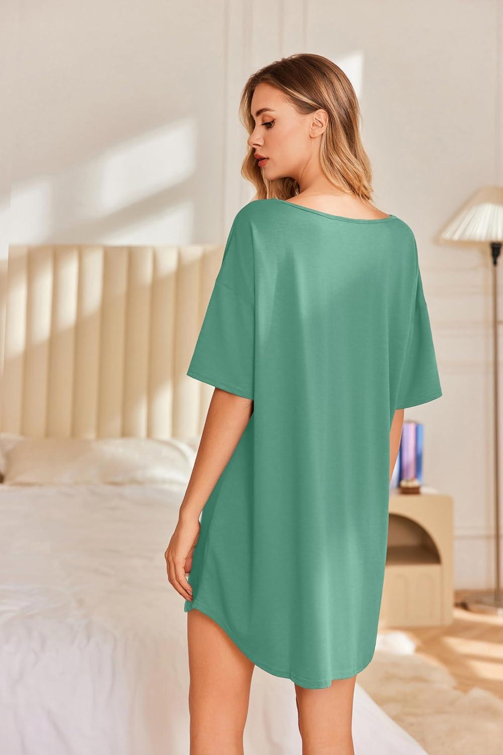 imageEkouaer Nightgowns for Women Bamboo Viscose Sleepshirt Short sleeve Nightshirt V Neck T shirt Night gown Boyfriend SleepwearGreen