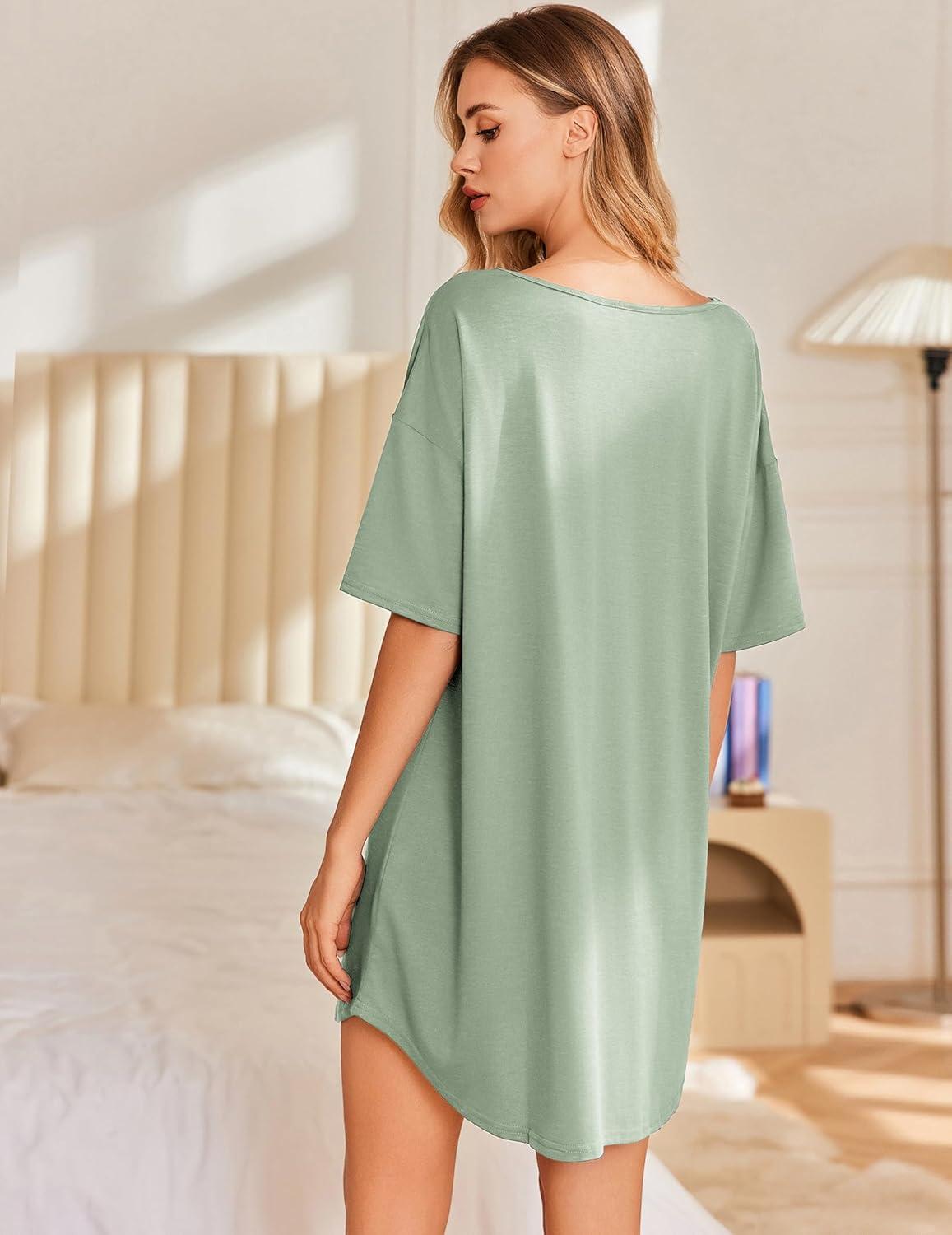 imageEkouaer Nightgowns for Women Bamboo Viscose Sleepshirt Short sleeve Nightshirt V Neck T shirt Night gown Boyfriend SleepwearLight Green