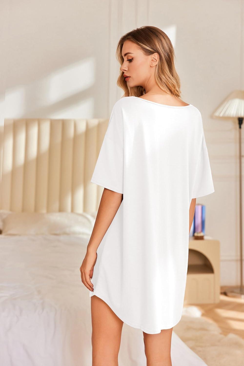 imageEkouaer Nightgowns for Women Bamboo Viscose Sleepshirt Short sleeve Nightshirt V Neck T shirt Night gown Boyfriend SleepwearWhite