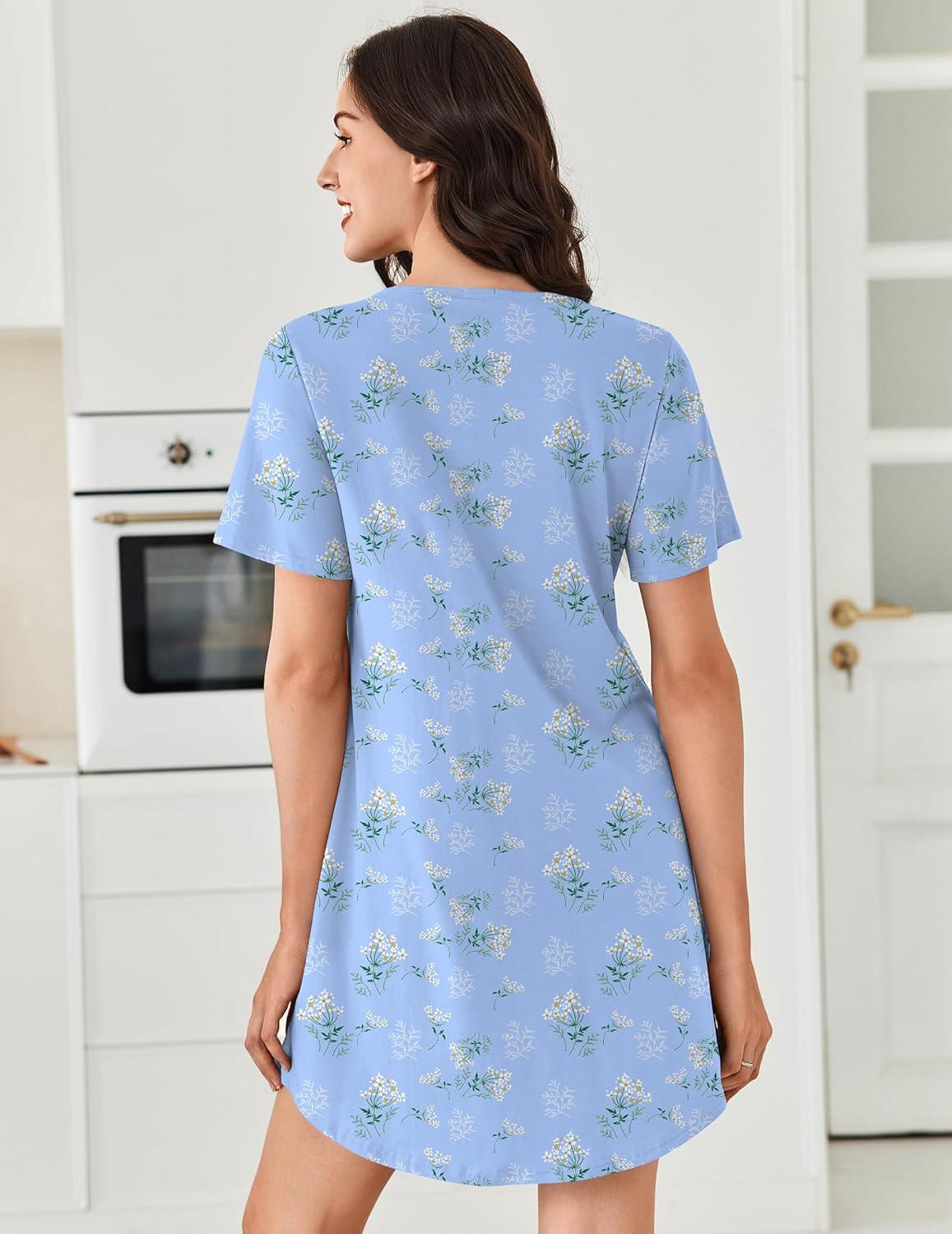 imageEkouaer Nightgowns for Women Cotton Night Gowns Pleated Nightshirts Henley V Neck Sleepshirts Short Sleeve SleepwearCyan White Florals