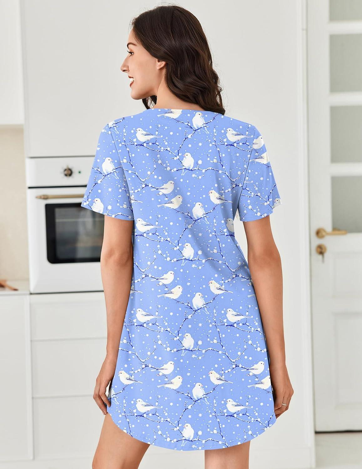 imageEkouaer Nightgowns for Women Cotton Night Gowns Pleated Nightshirts Henley V Neck Sleepshirts Short Sleeve SleepwearLight Blue White Birds