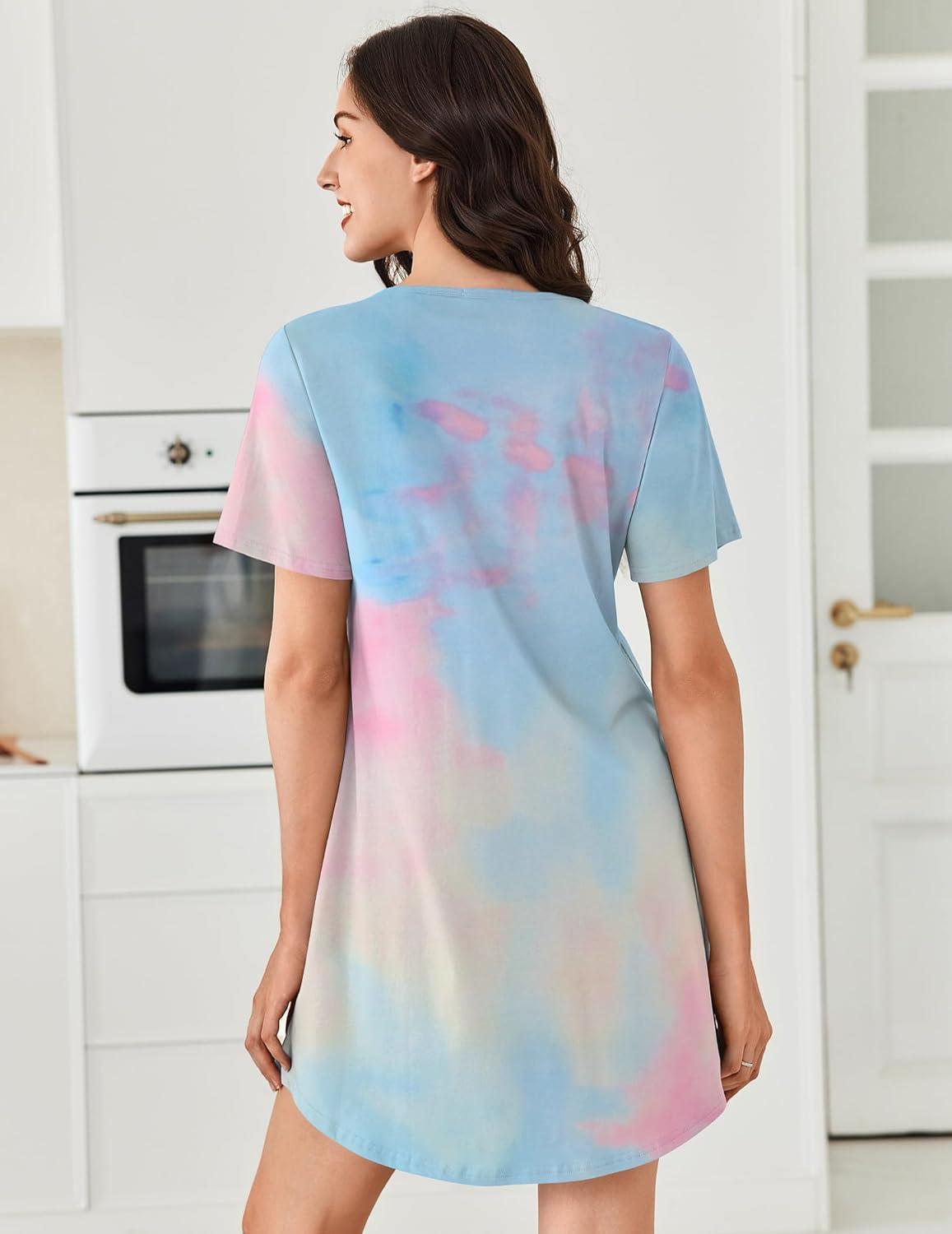 imageEkouaer Nightgowns for Women Cotton Night Gowns Pleated Nightshirts Henley V Neck Sleepshirts Short Sleeve SleepwearPink Yellow Tie Dye
