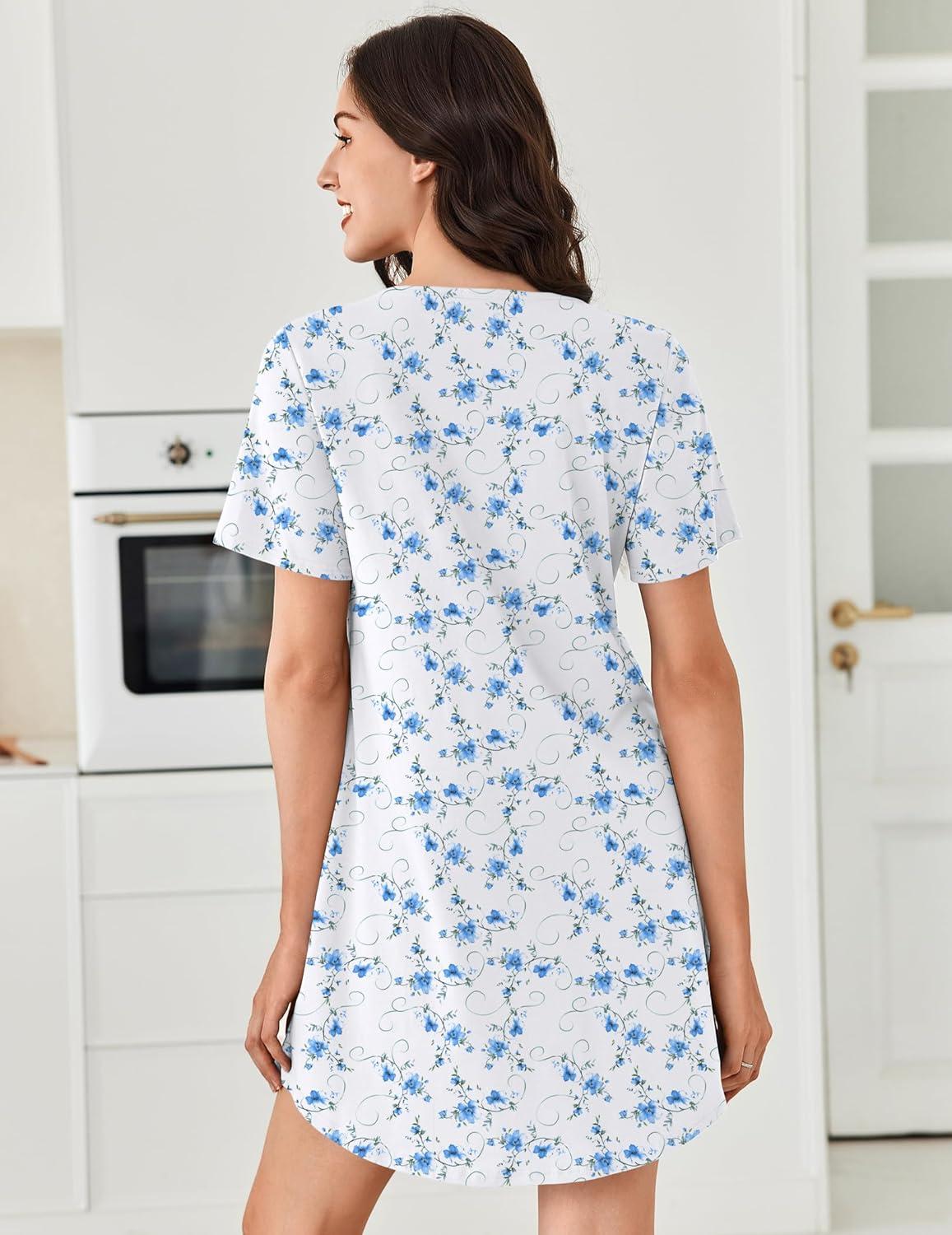 imageEkouaer Nightgowns for Women Cotton Night Gowns Pleated Nightshirts Henley V Neck Sleepshirts Short Sleeve SleepwearWhite Blue Florals