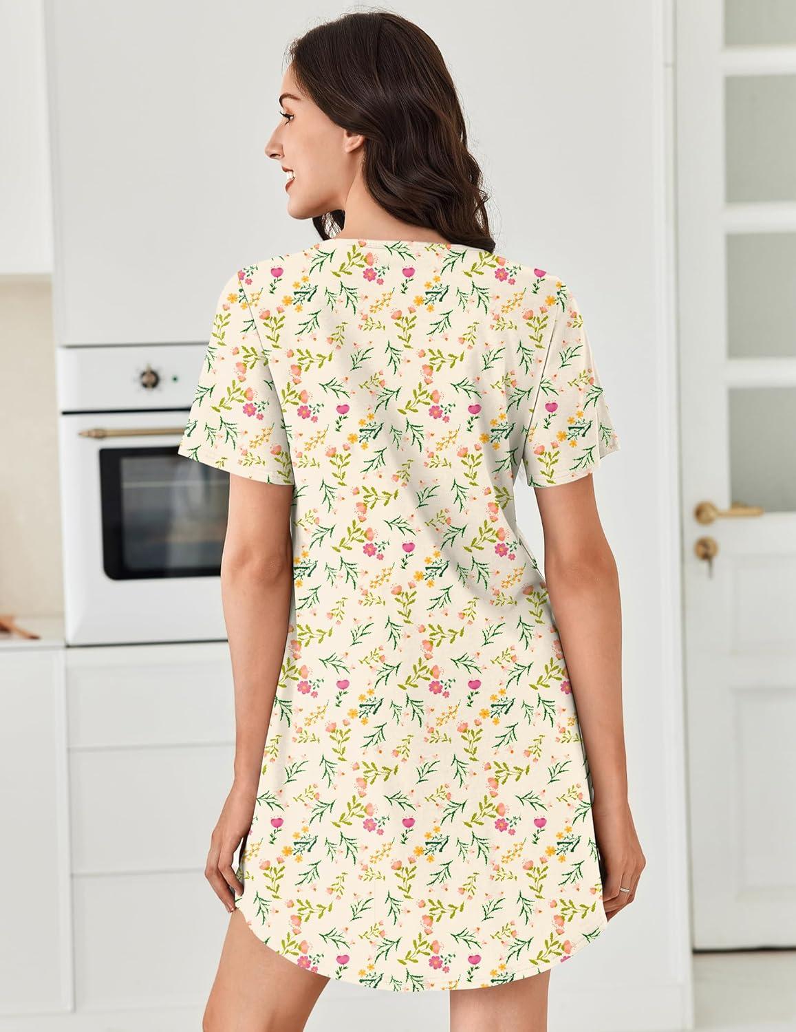 imageEkouaer Nightgowns for Women Cotton Night Gowns Pleated Nightshirts Henley V Neck Sleepshirts Short Sleeve SleepwearYellow Red Florals
