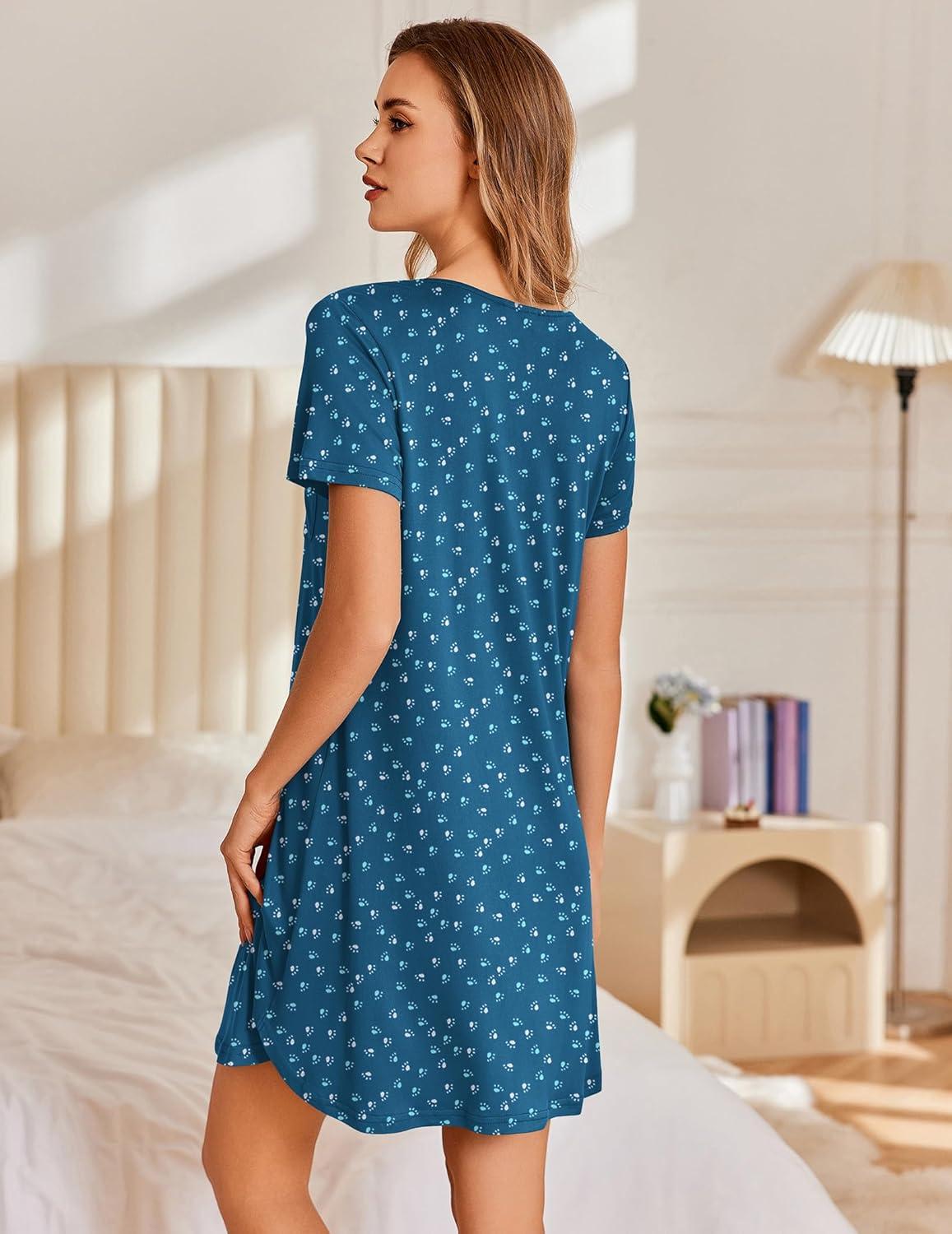 imageEkouaer Nightgowns for Women Pleated Sleep Shirts Short Sleeve Night Shirts Lace Trim Night Gown Ladies Sleep DressDog Footprints