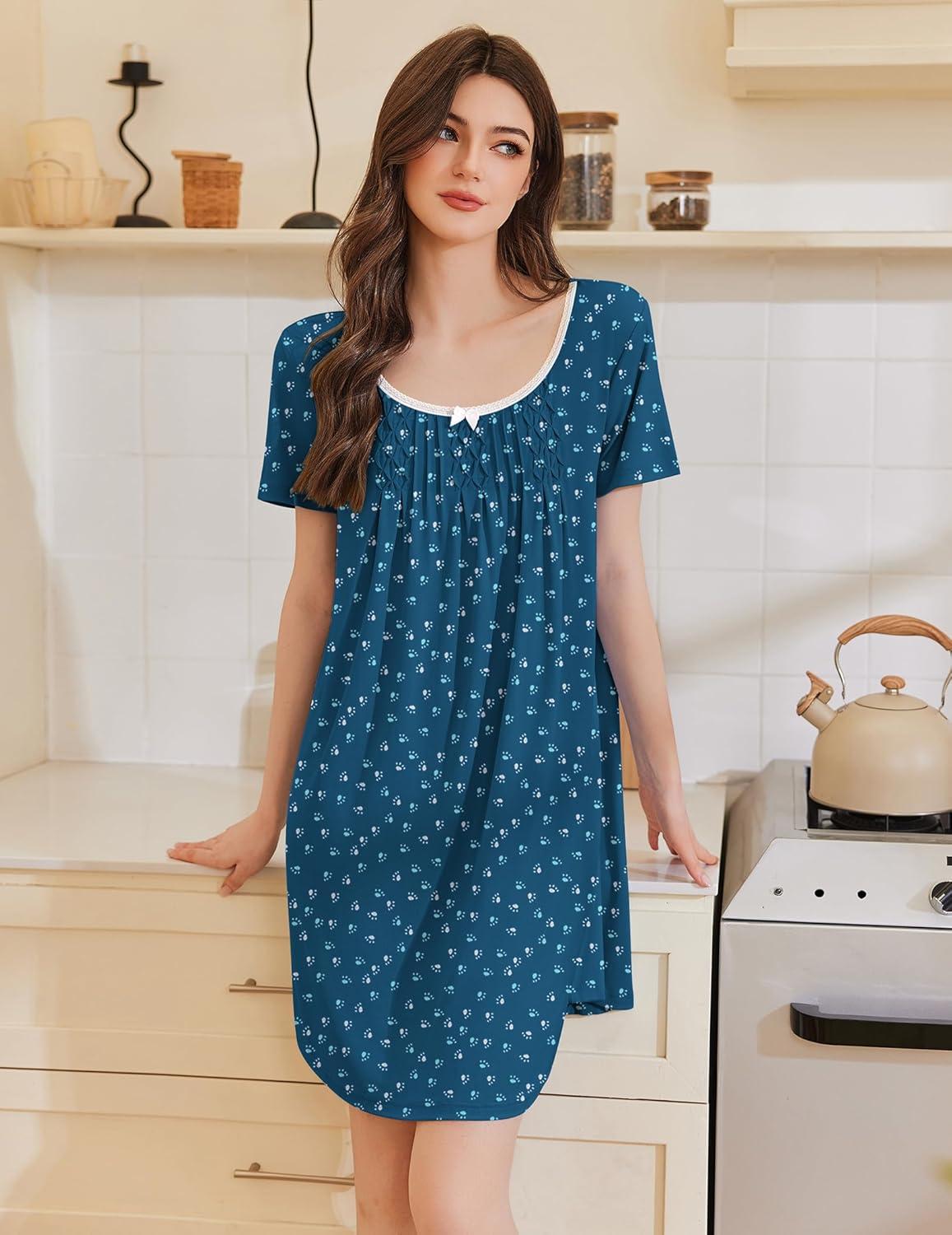 imageEkouaer Nightgowns for Women Pleated Sleep Shirts Short Sleeve Night Shirts Lace Trim Night Gown Ladies Sleep DressDog Footprints