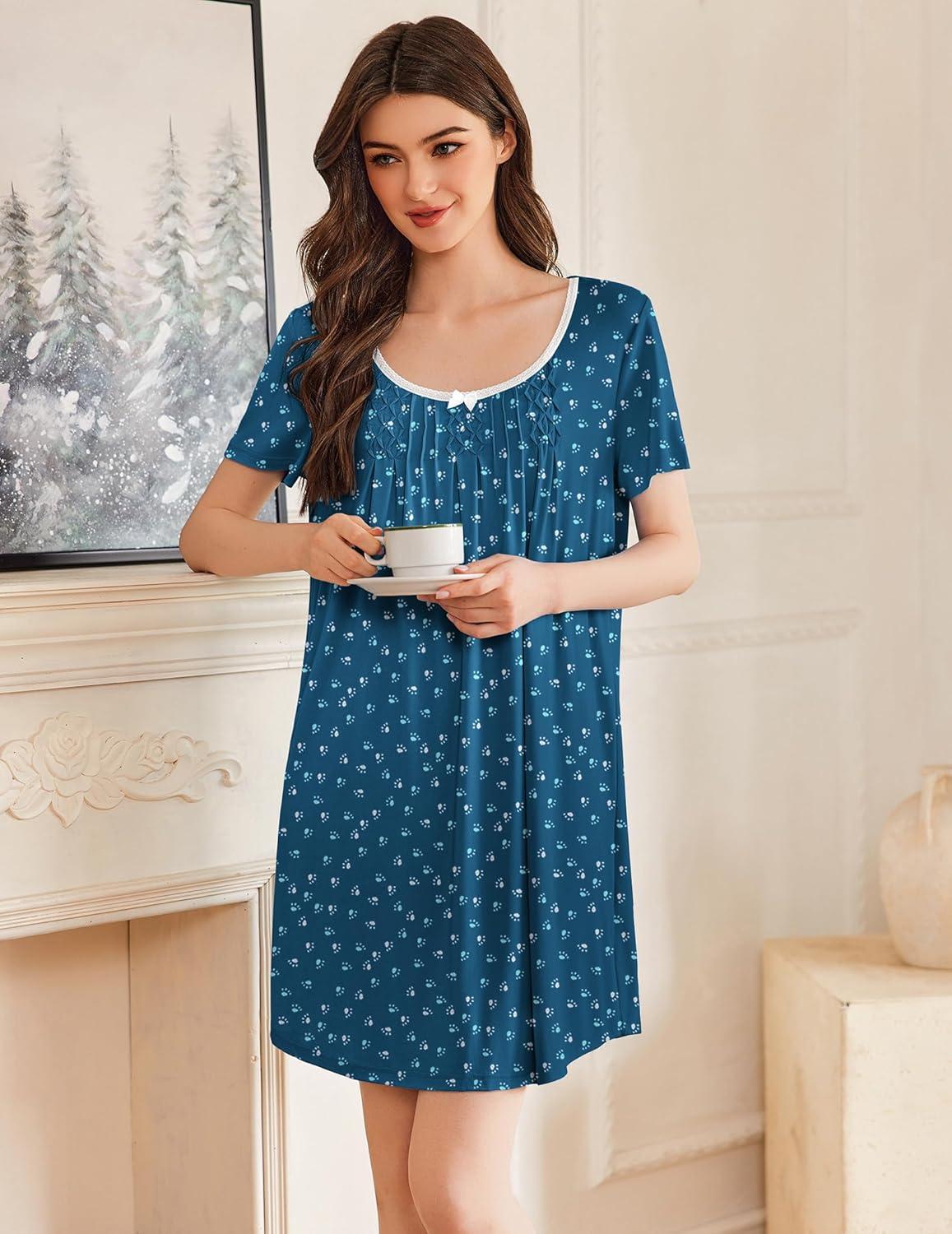 imageEkouaer Nightgowns for Women Pleated Sleep Shirts Short Sleeve Night Shirts Lace Trim Night Gown Ladies Sleep DressDog Footprints
