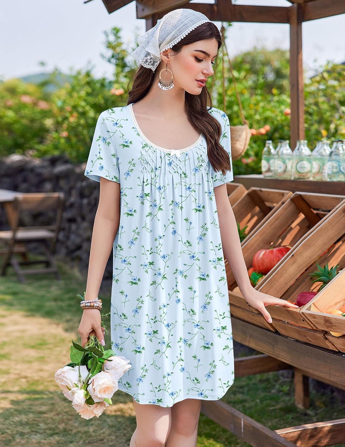 imageEkouaer Nightgowns for Women Pleated Sleep Shirts Short Sleeve Night Shirts Lace Trim Night Gown Ladies Sleep DressFloral Blue