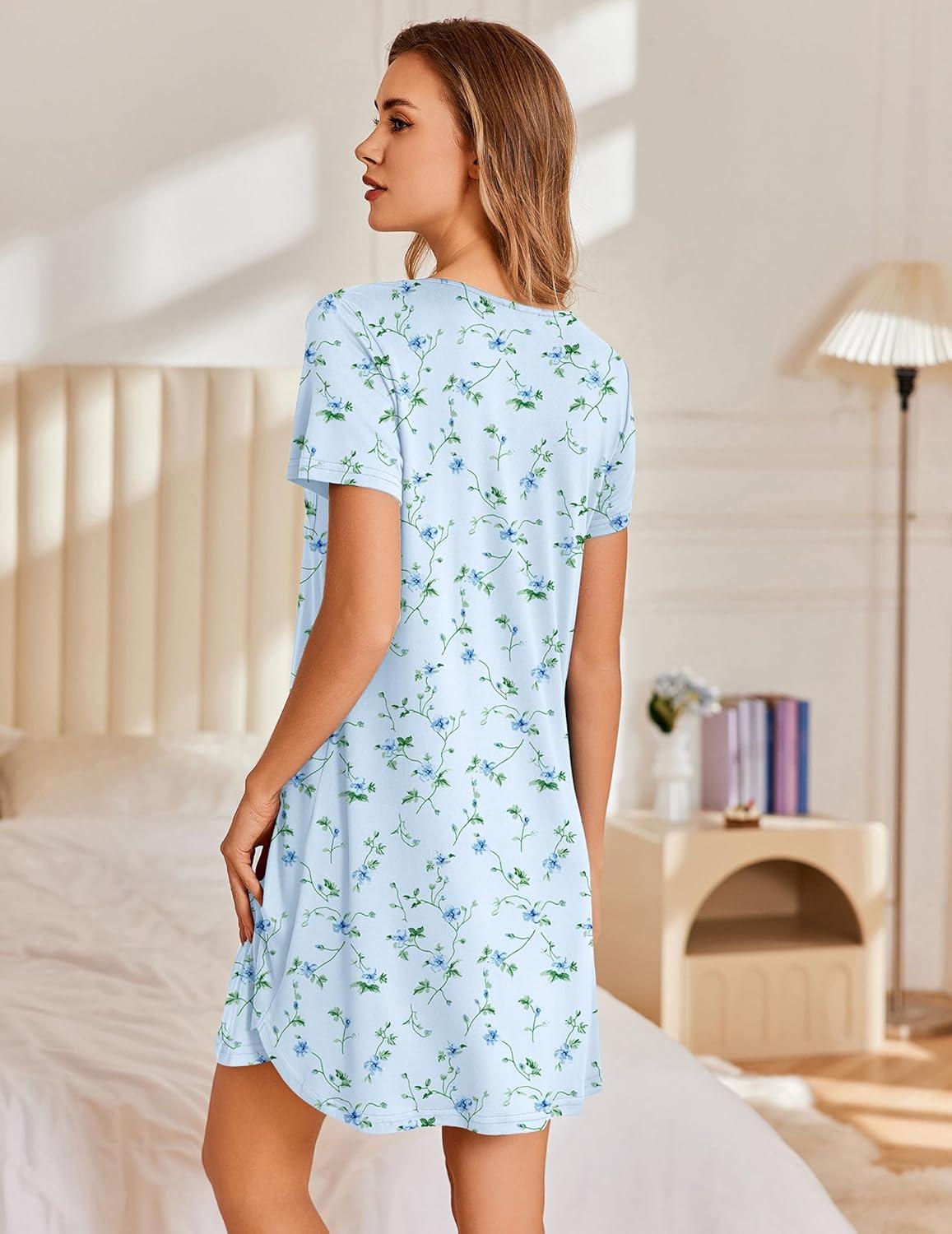 imageEkouaer Nightgowns for Women Pleated Sleep Shirts Short Sleeve Night Shirts Lace Trim Night Gown Ladies Sleep DressFloral Blue
