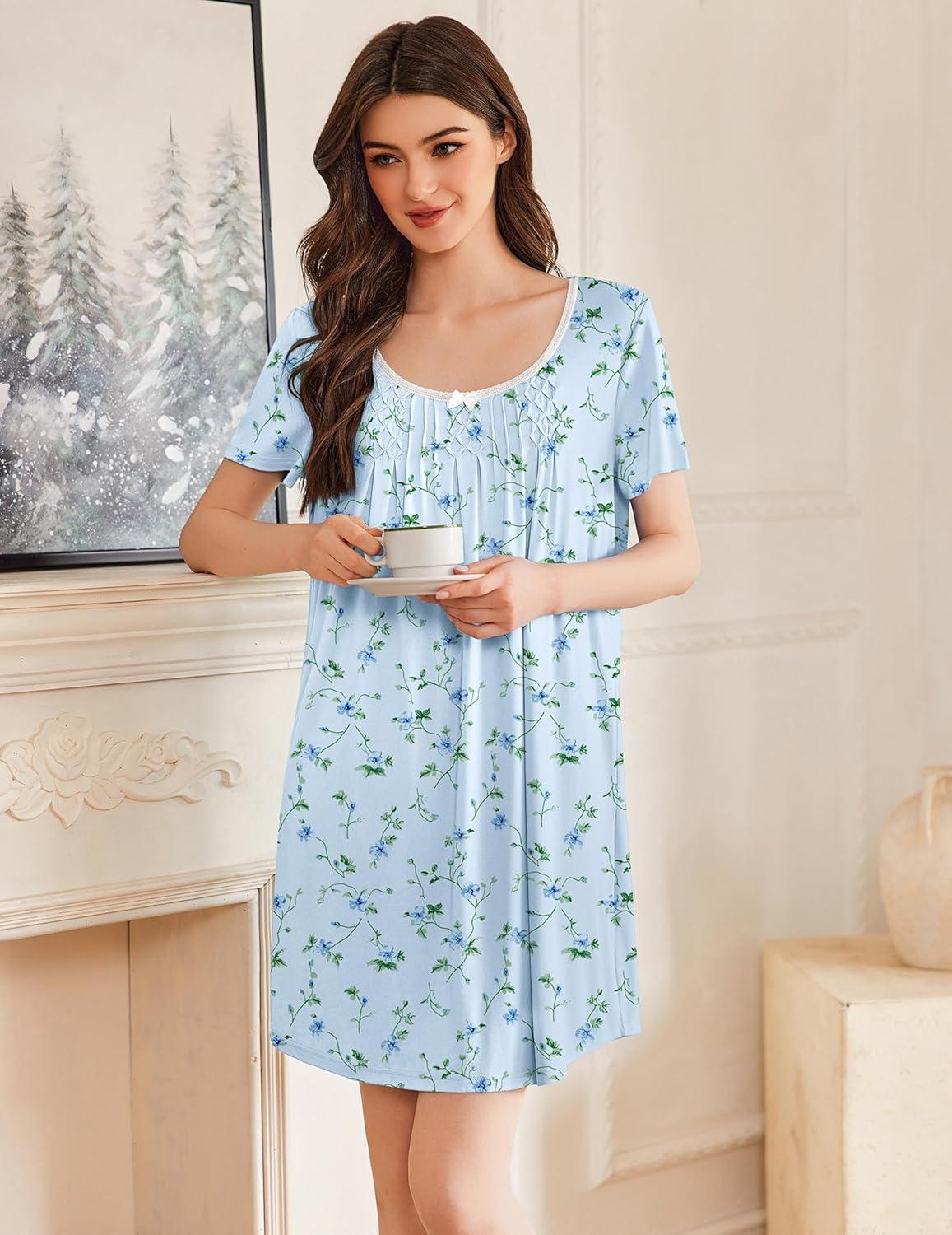 imageEkouaer Nightgowns for Women Pleated Sleep Shirts Short Sleeve Night Shirts Lace Trim Night Gown Ladies Sleep DressFloral Blue