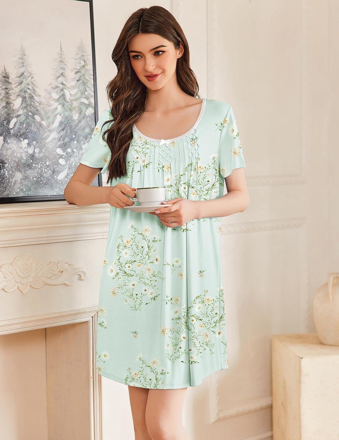 imageEkouaer Nightgowns for Women Pleated Sleep Shirts Short Sleeve Night Shirts Lace Trim Night Gown Ladies Sleep DressFloral Light Green