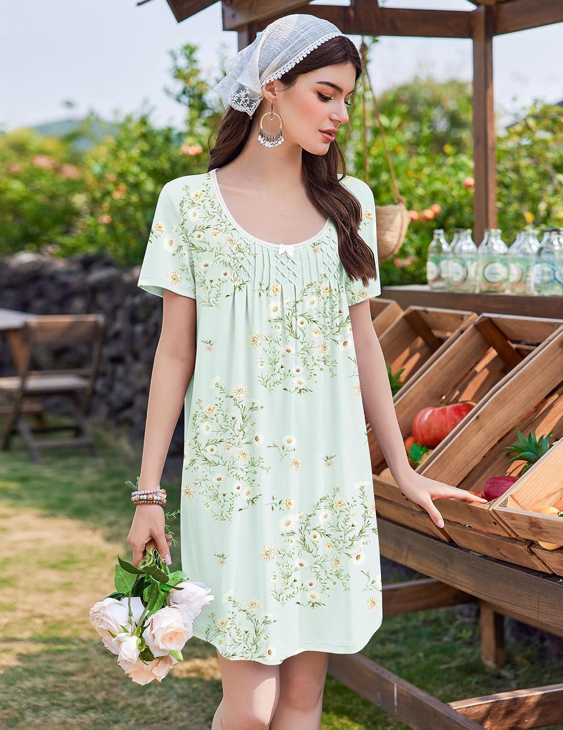 imageEkouaer Nightgowns for Women Pleated Sleep Shirts Short Sleeve Night Shirts Lace Trim Night Gown Ladies Sleep DressFloral Light Green