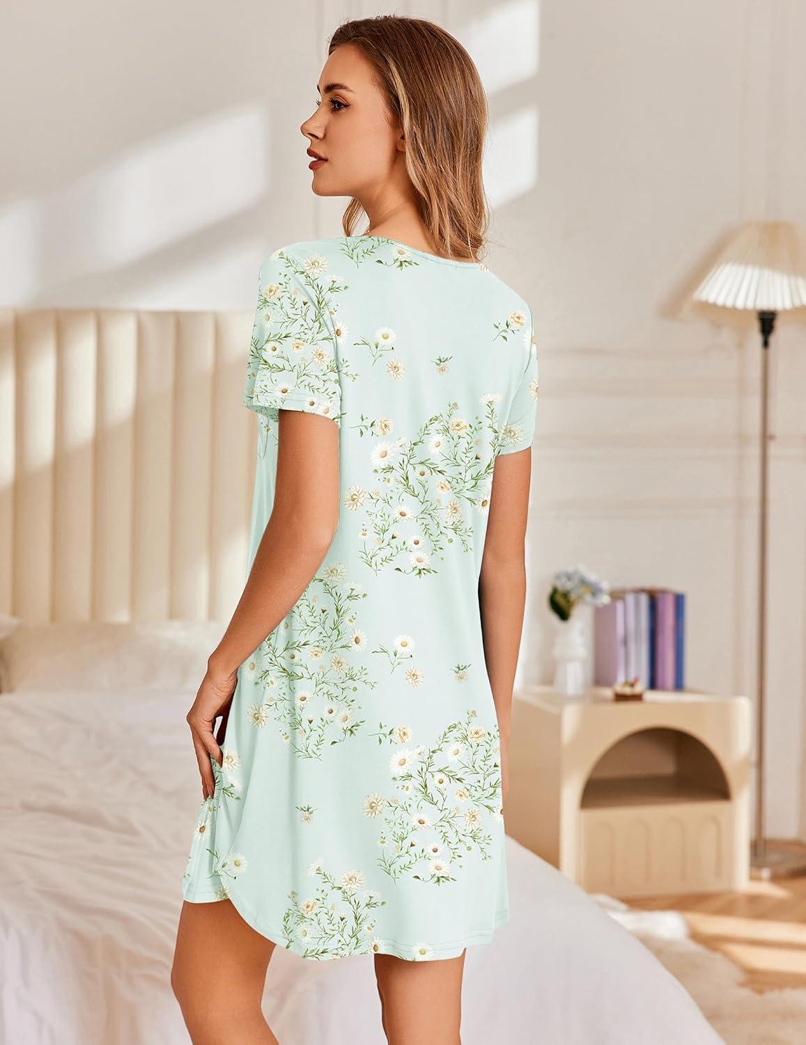 imageEkouaer Nightgowns for Women Pleated Sleep Shirts Short Sleeve Night Shirts Lace Trim Night Gown Ladies Sleep DressFloral Light Green