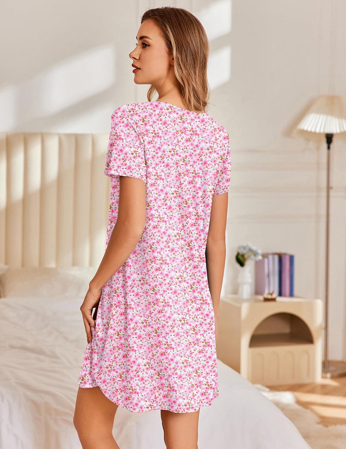 imageEkouaer Nightgowns for Women Pleated Sleep Shirts Short Sleeve Night Shirts Lace Trim Night Gown Ladies Sleep DressFloral Pink