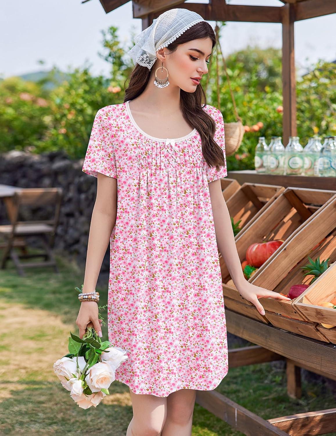 imageEkouaer Nightgowns for Women Pleated Sleep Shirts Short Sleeve Night Shirts Lace Trim Night Gown Ladies Sleep DressFloral Pink