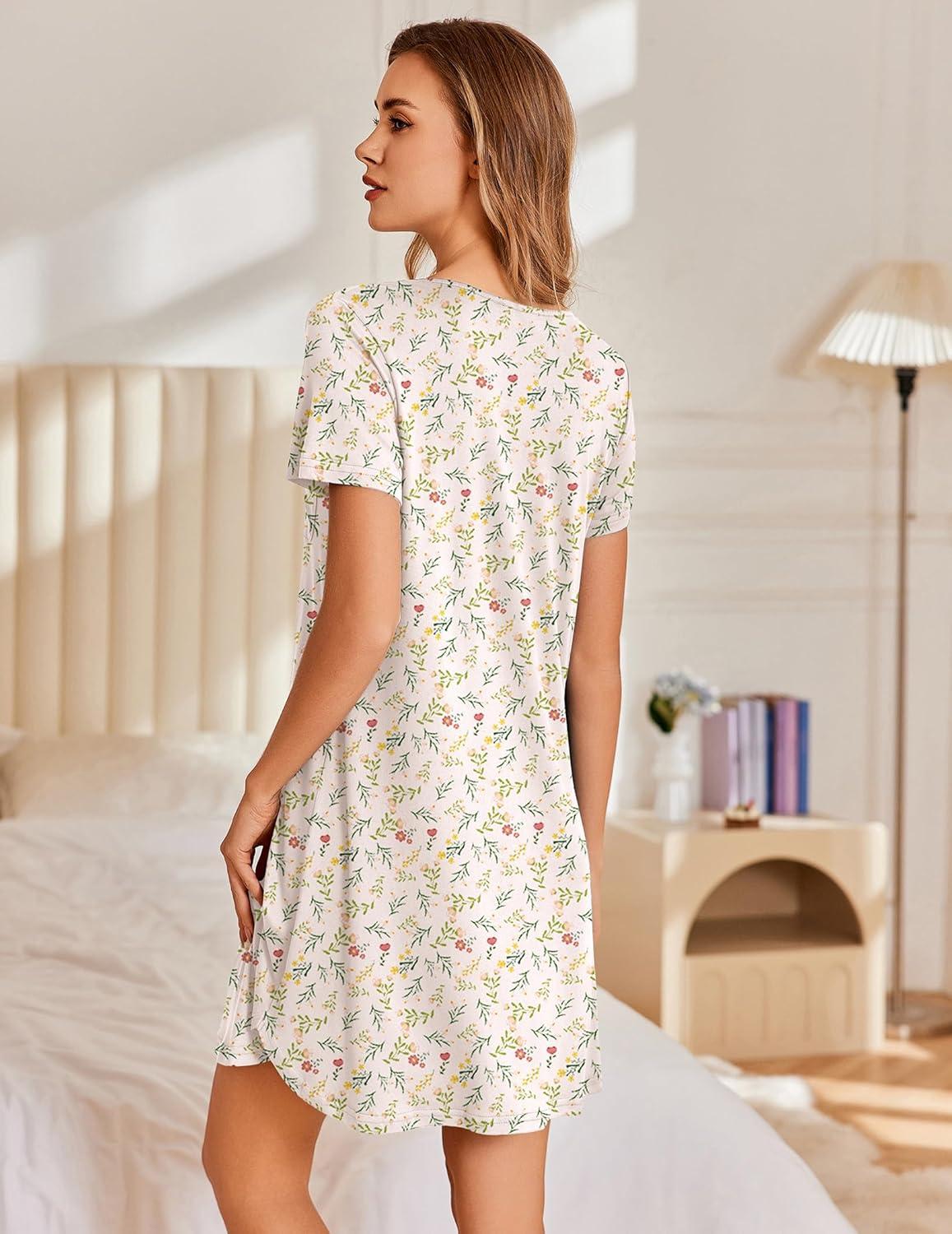 imageEkouaer Nightgowns for Women Pleated Sleep Shirts Short Sleeve Night Shirts Lace Trim Night Gown Ladies Sleep DressFloral Yellow