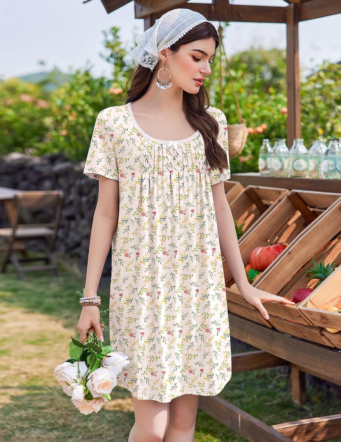 imageEkouaer Nightgowns for Women Pleated Sleep Shirts Short Sleeve Night Shirts Lace Trim Night Gown Ladies Sleep DressFloral Yellow