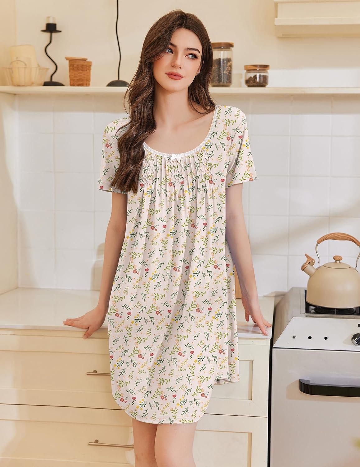 imageEkouaer Nightgowns for Women Pleated Sleep Shirts Short Sleeve Night Shirts Lace Trim Night Gown Ladies Sleep DressFloral Yellow