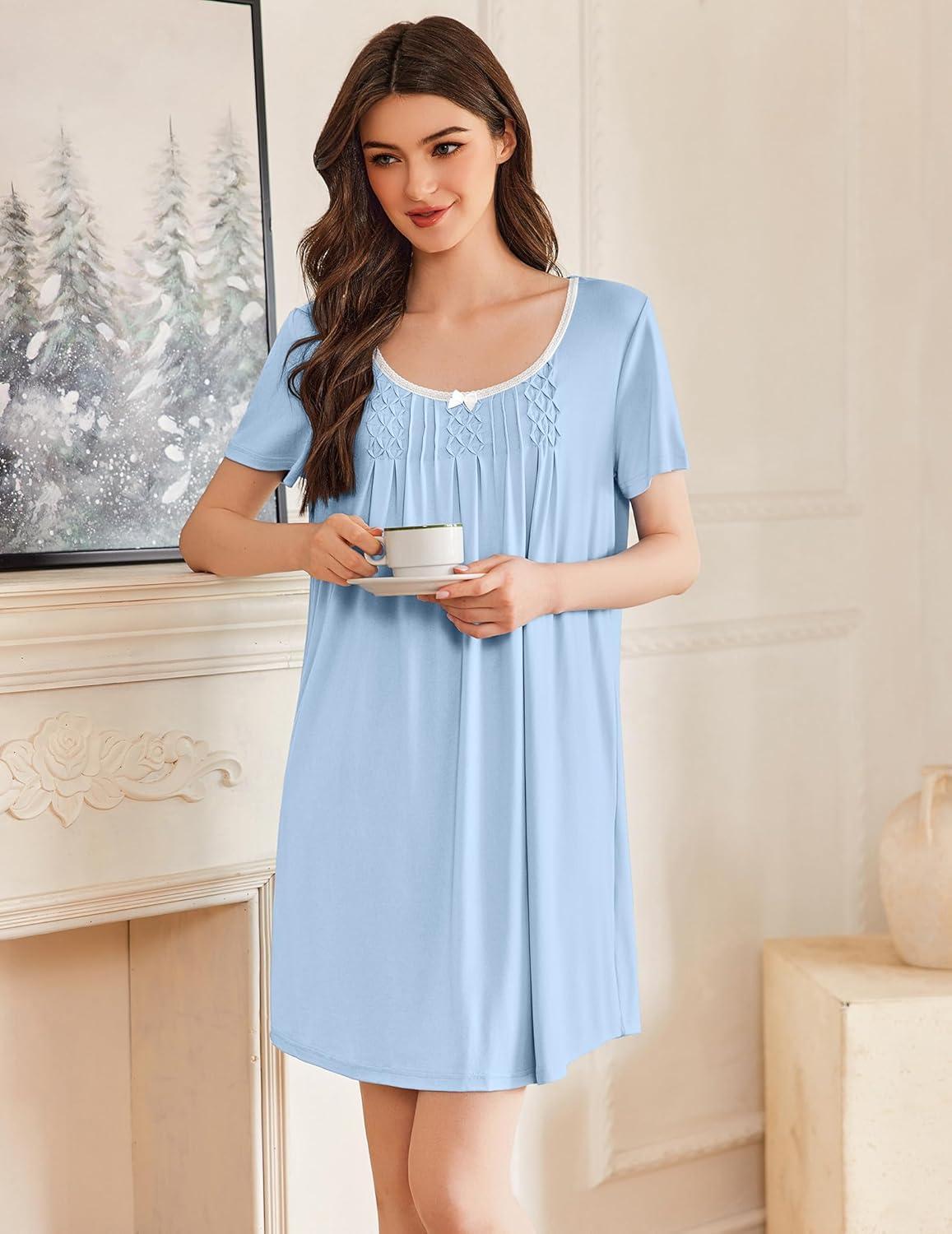 imageEkouaer Nightgowns for Women Pleated Sleep Shirts Short Sleeve Night Shirts Lace Trim Night Gown Ladies Sleep DressLight Blue
