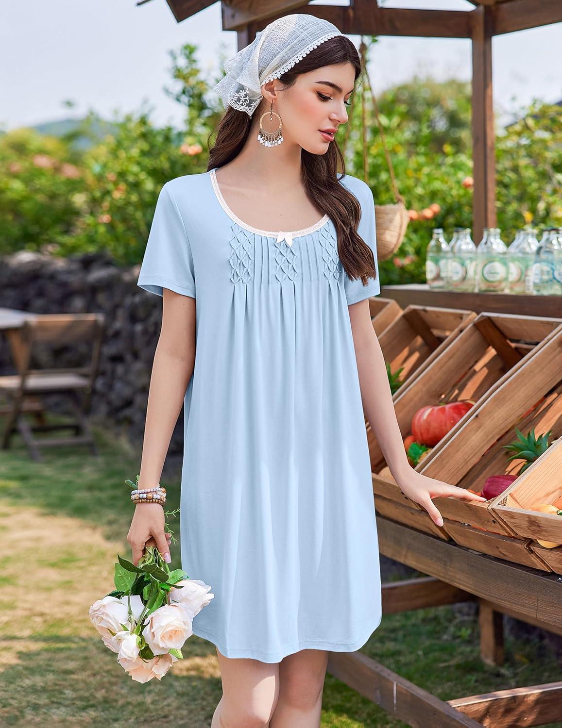 imageEkouaer Nightgowns for Women Pleated Sleep Shirts Short Sleeve Night Shirts Lace Trim Night Gown Ladies Sleep DressLight Blue