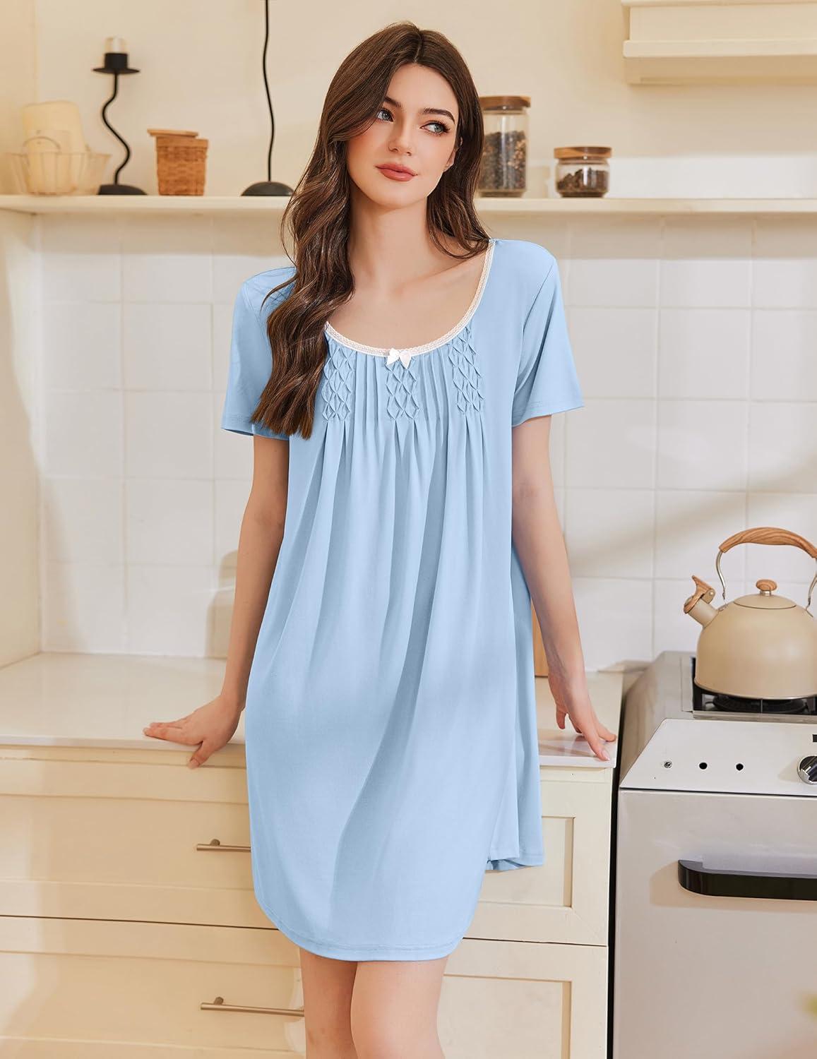 imageEkouaer Nightgowns for Women Pleated Sleep Shirts Short Sleeve Night Shirts Lace Trim Night Gown Ladies Sleep DressLight Blue