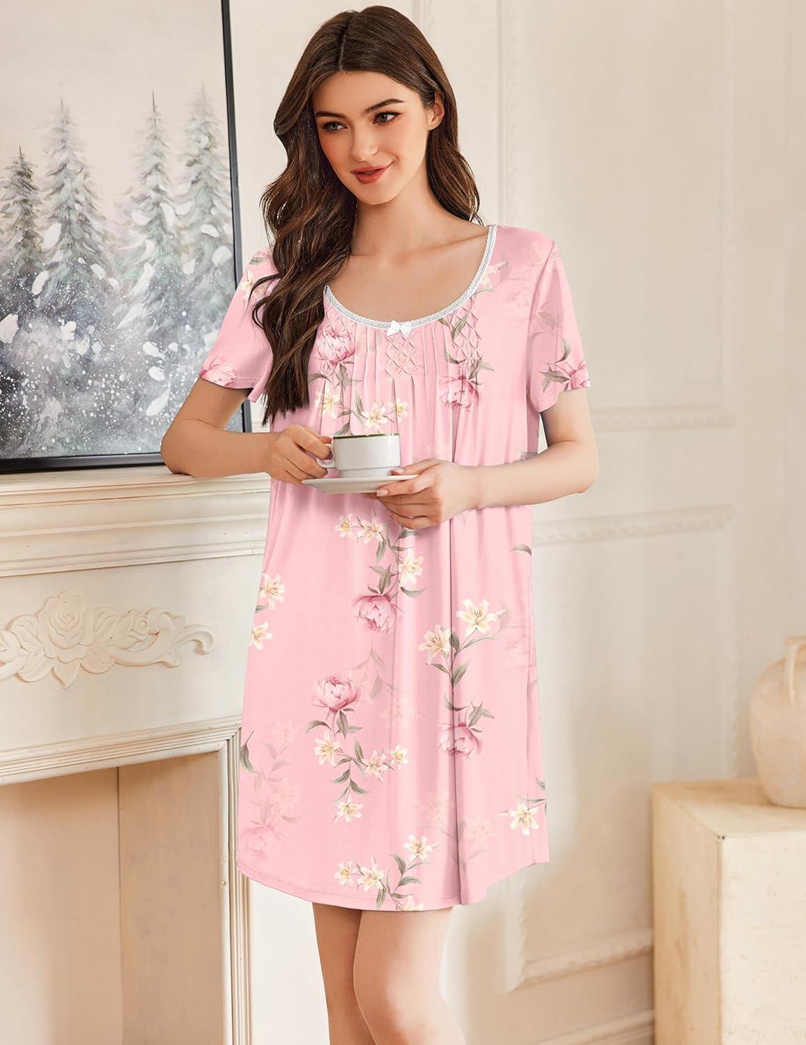 imageEkouaer Nightgowns for Women Pleated Sleep Shirts Short Sleeve Night Shirts Lace Trim Night Gown Ladies Sleep DressLily Elegance
