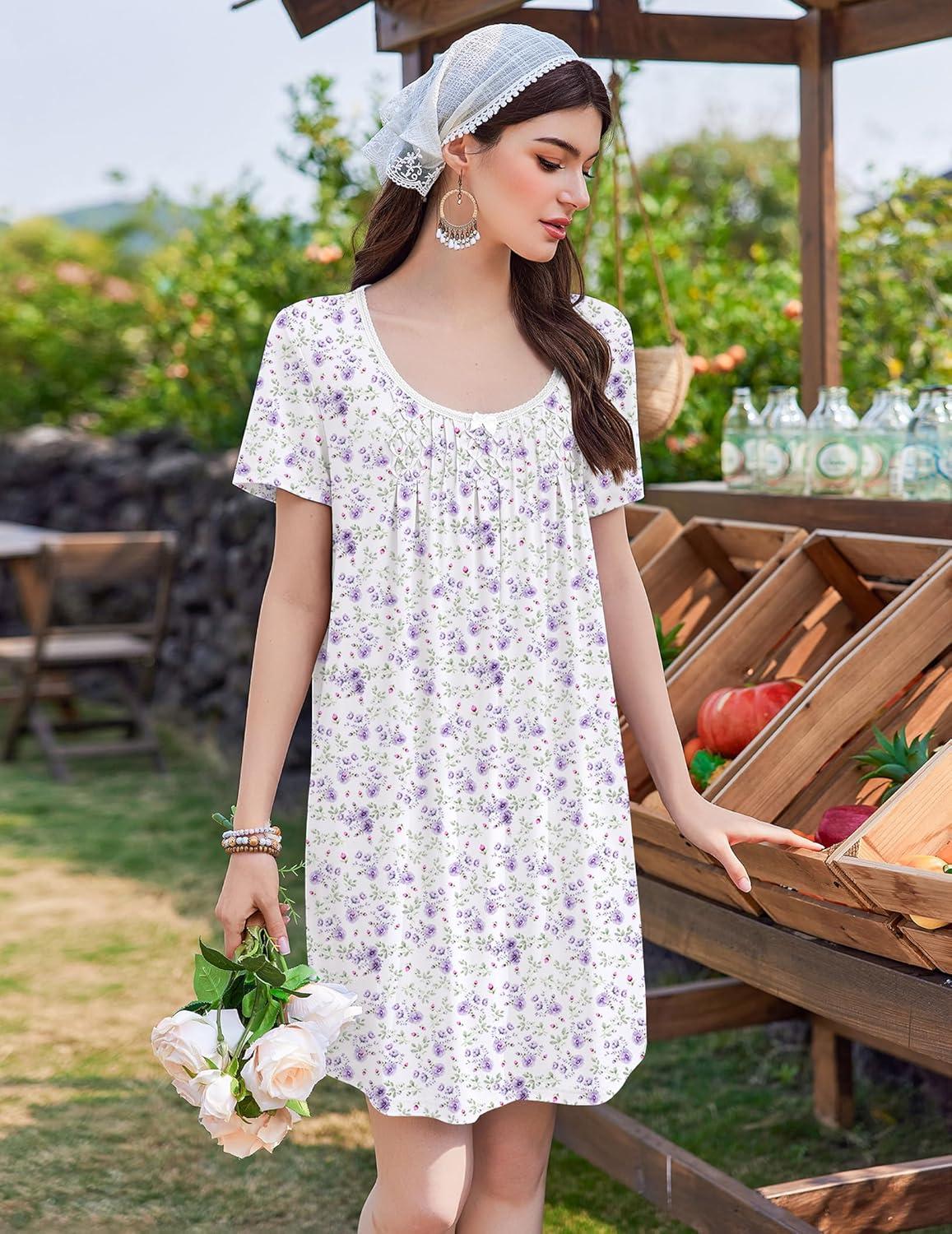imageEkouaer Nightgowns for Women Pleated Sleep Shirts Short Sleeve Night Shirts Lace Trim Night Gown Ladies Sleep DressPurple Blossom