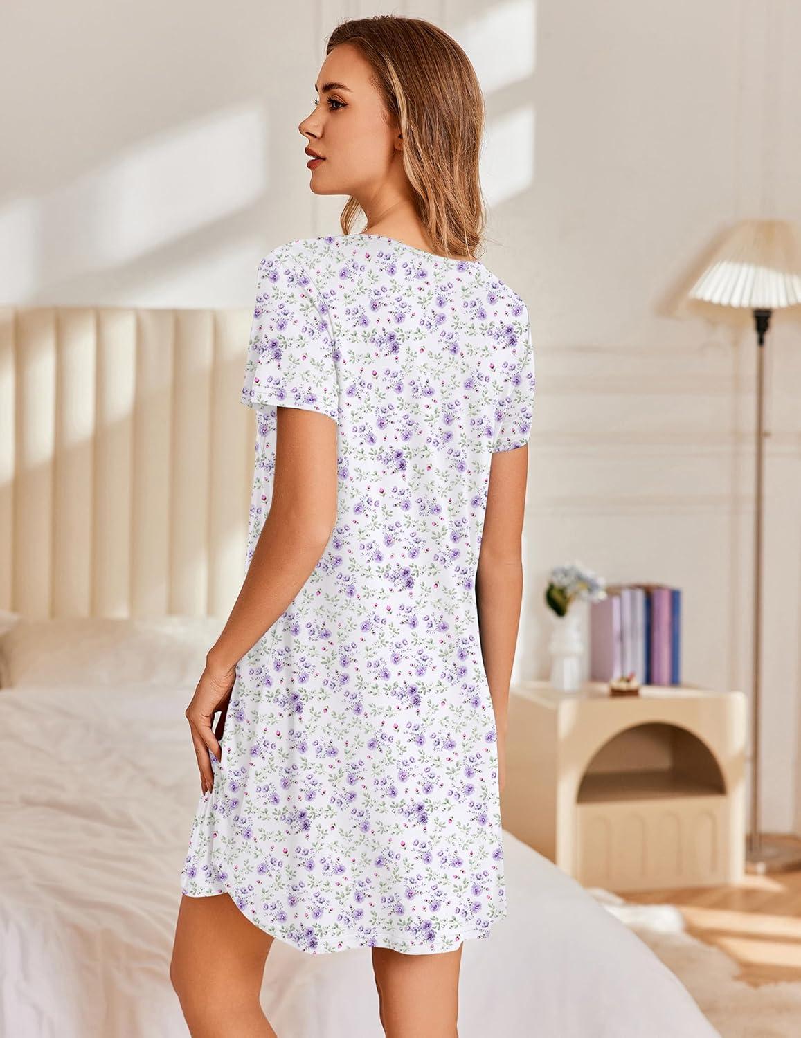 imageEkouaer Nightgowns for Women Pleated Sleep Shirts Short Sleeve Night Shirts Lace Trim Night Gown Ladies Sleep DressPurple Blossom