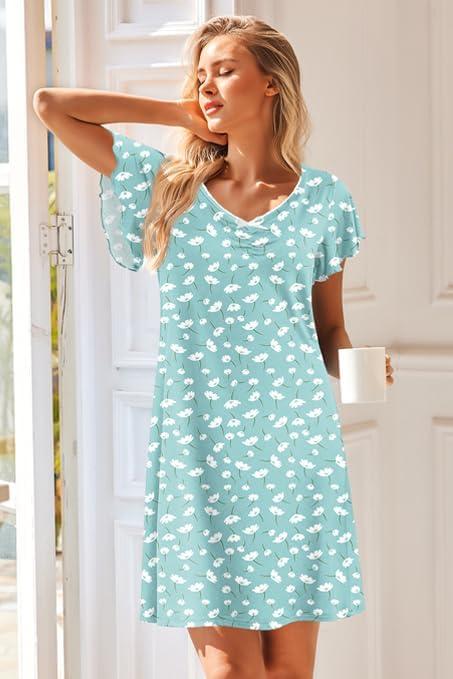 imageEkouaer Nightgowns for Women Short Sleeve Night Gown Comfy Sleep Shirt Soft Sleep Dress Pleated SleepwearGreen White Flowers