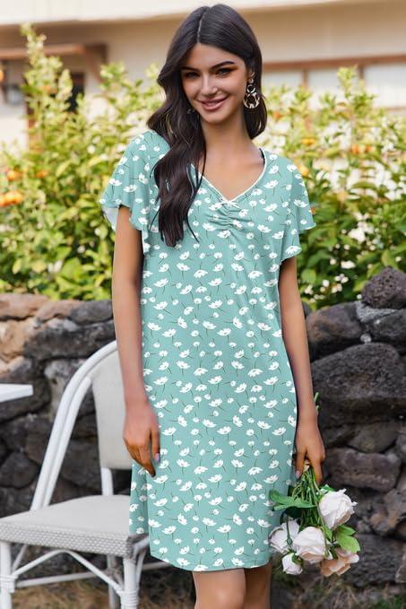 imageEkouaer Nightgowns for Women Short Sleeve Night Gown Comfy Sleep Shirt Soft Sleep Dress Pleated SleepwearGreen White Flowers