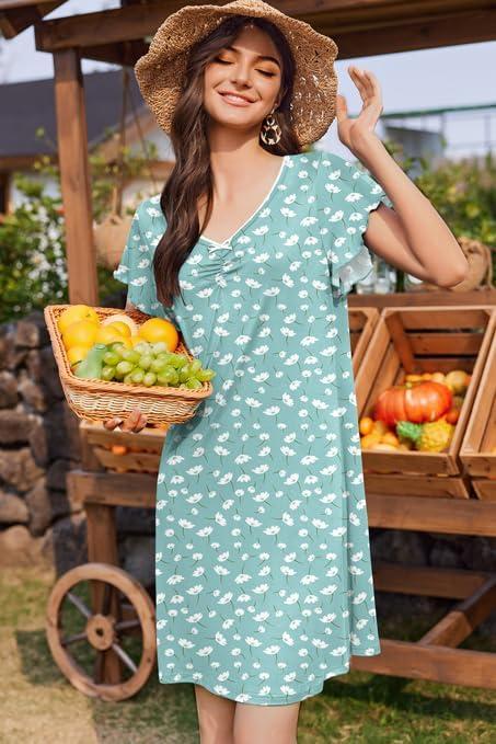 imageEkouaer Nightgowns for Women Short Sleeve Night Gown Comfy Sleep Shirt Soft Sleep Dress Pleated SleepwearGreen White Flowers