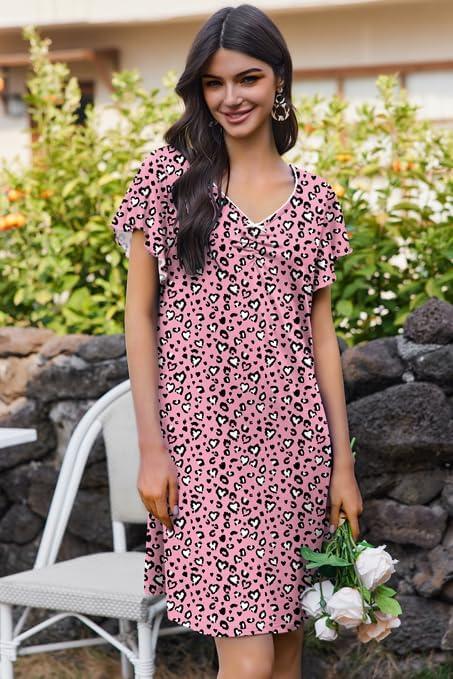 imageEkouaer Nightgowns for Women Short Sleeve Night Gown Comfy Sleep Shirt Soft Sleep Dress Pleated SleepwearPink Leopard Print