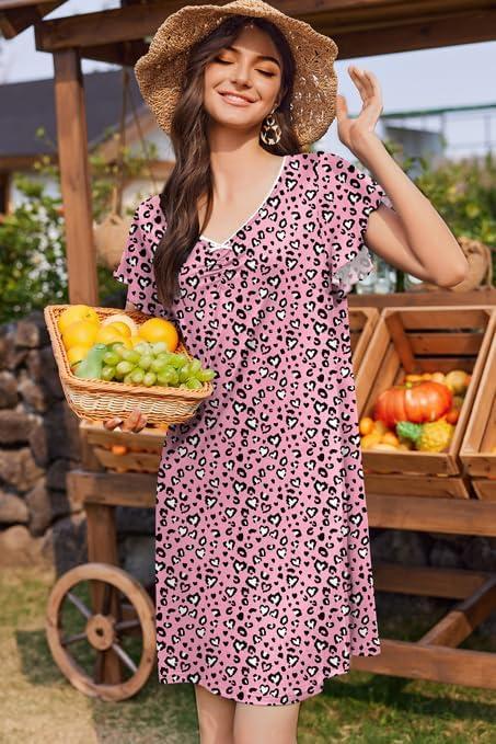imageEkouaer Nightgowns for Women Short Sleeve Night Gown Comfy Sleep Shirt Soft Sleep Dress Pleated SleepwearPink Leopard Print