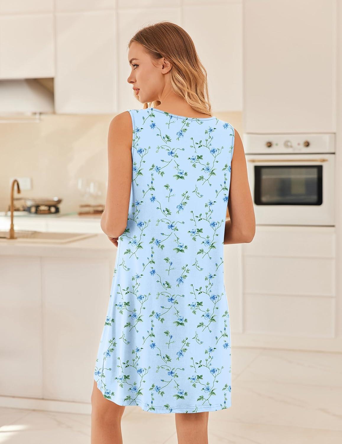 imageEkouaer Nightgowns for Women Sleeveless Sleep Shirt Tank Night Gown V Neck Chemise Pleated Night Shirt Soft Sleep DressFloral Blue