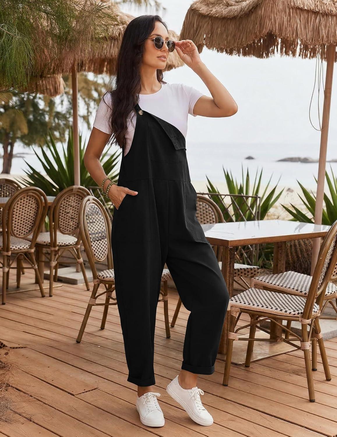 imageEkouaer Overalls for Women Baggy Bib Jumpers Casual Sleeveless Jumpsuits One Piece Long Pant Rompers with Pockets 2026Black