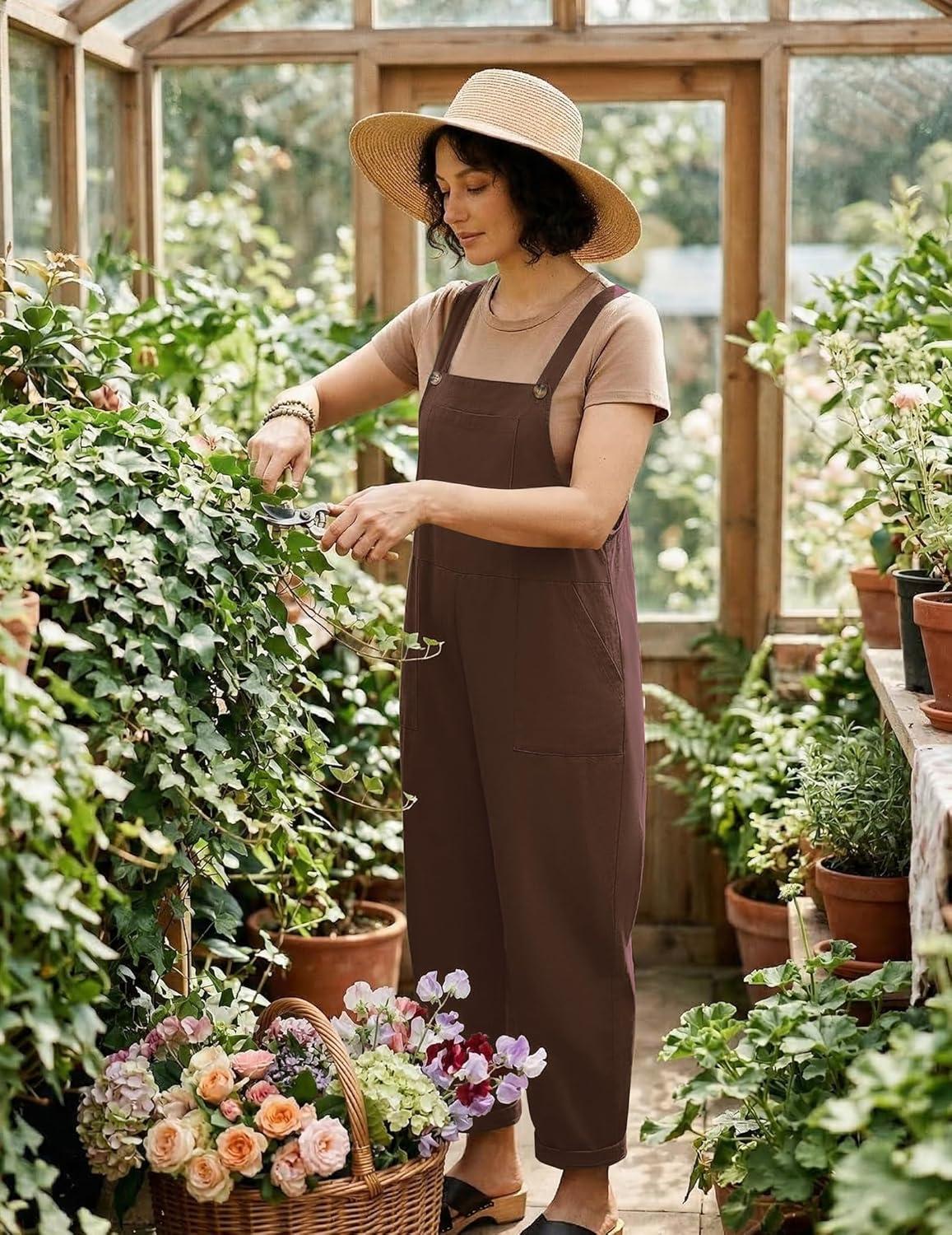 imageEkouaer Overalls for Women Baggy Bib Jumpers Casual Sleeveless Jumpsuits One Piece Long Pant Rompers with Pockets 2026Brown