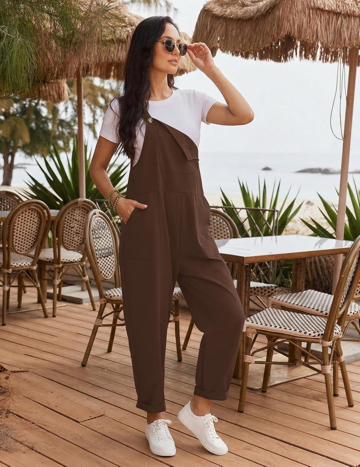 imageEkouaer Overalls for Women Baggy Bib Jumpers Casual Sleeveless Jumpsuits One Piece Long Pant Rompers with Pockets 2026Brown