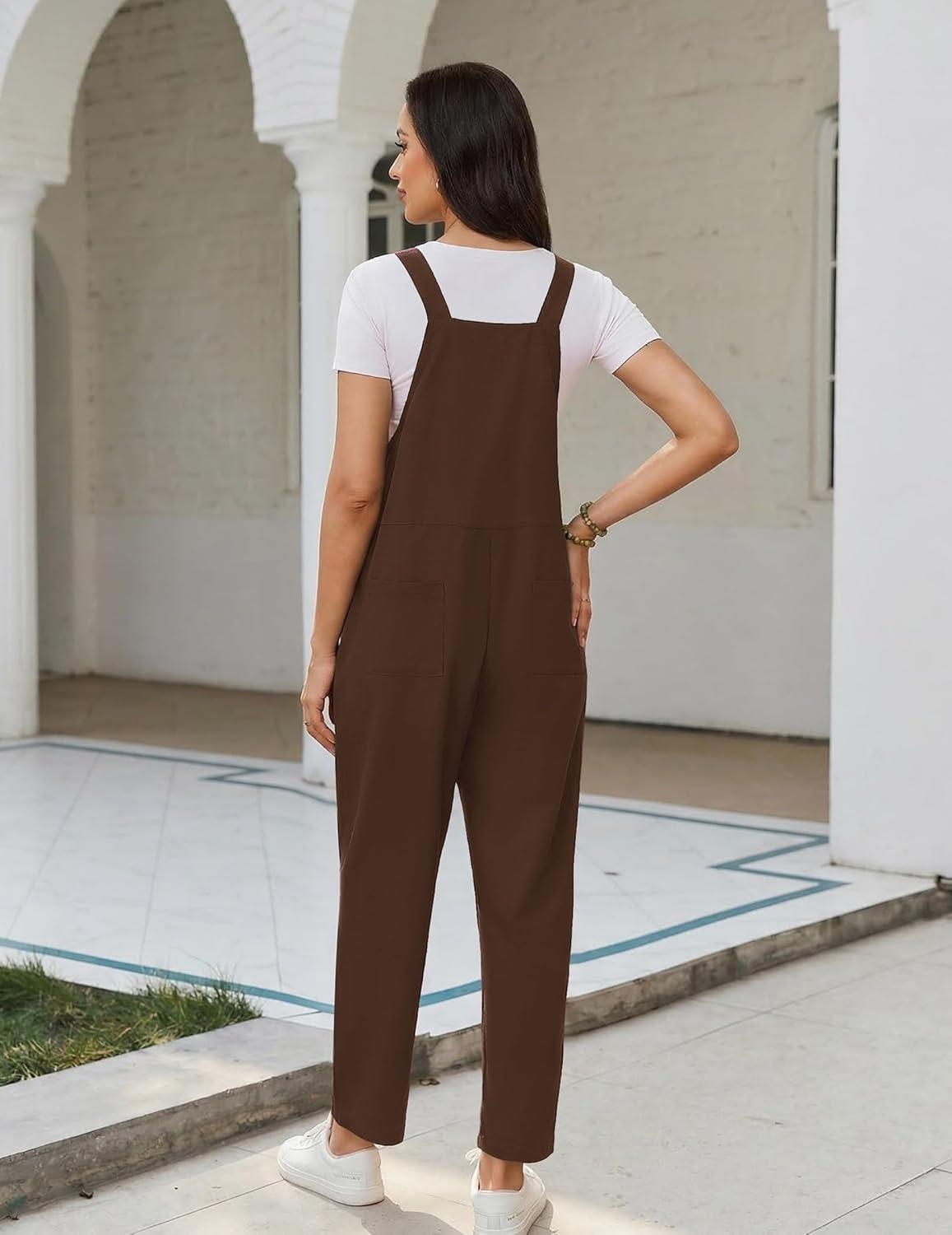 imageEkouaer Overalls for Women Baggy Bib Jumpers Casual Sleeveless Jumpsuits One Piece Long Pant Rompers with Pockets 2026Brown
