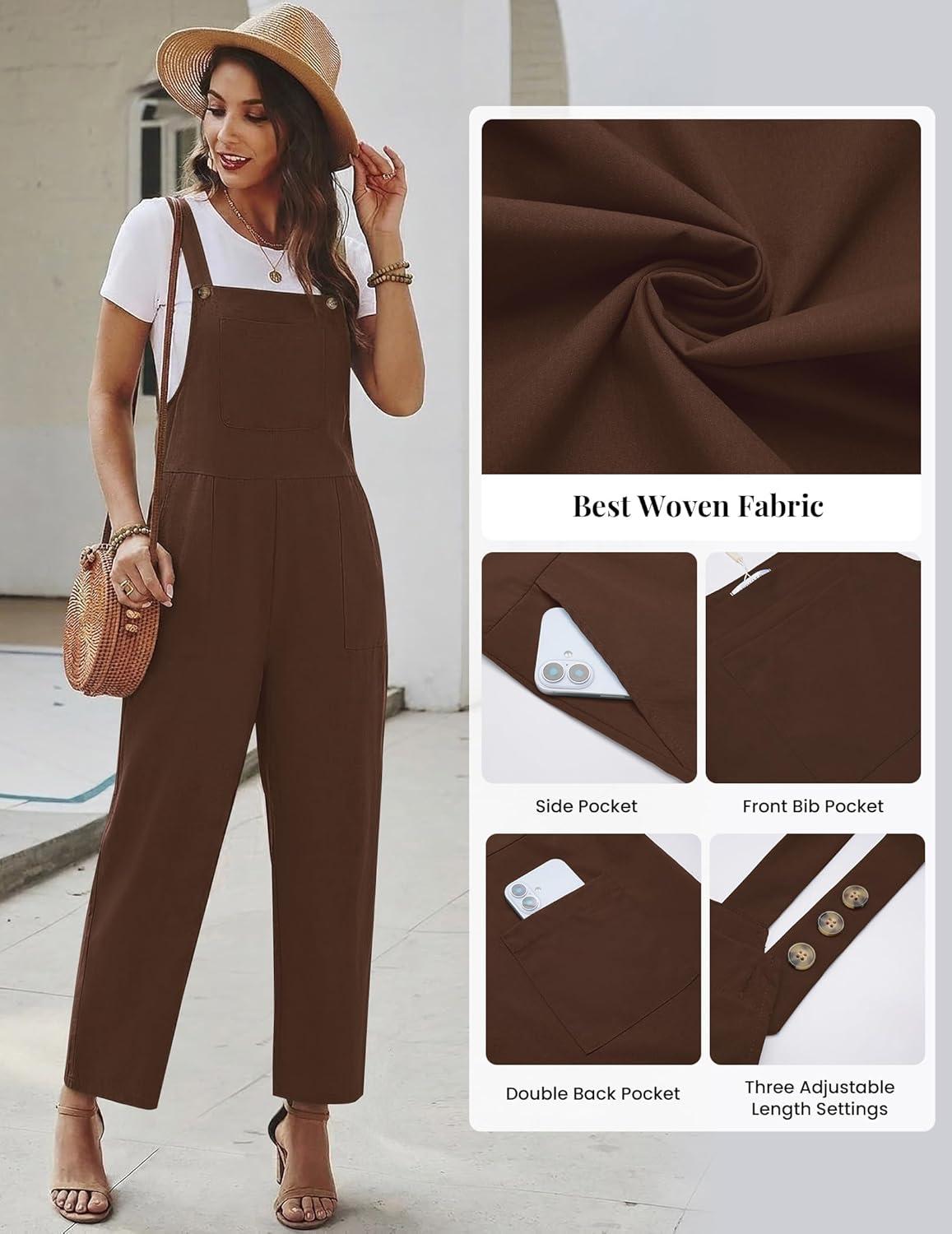 imageEkouaer Overalls for Women Baggy Bib Jumpers Casual Sleeveless Jumpsuits One Piece Long Pant Rompers with Pockets 2026Brown