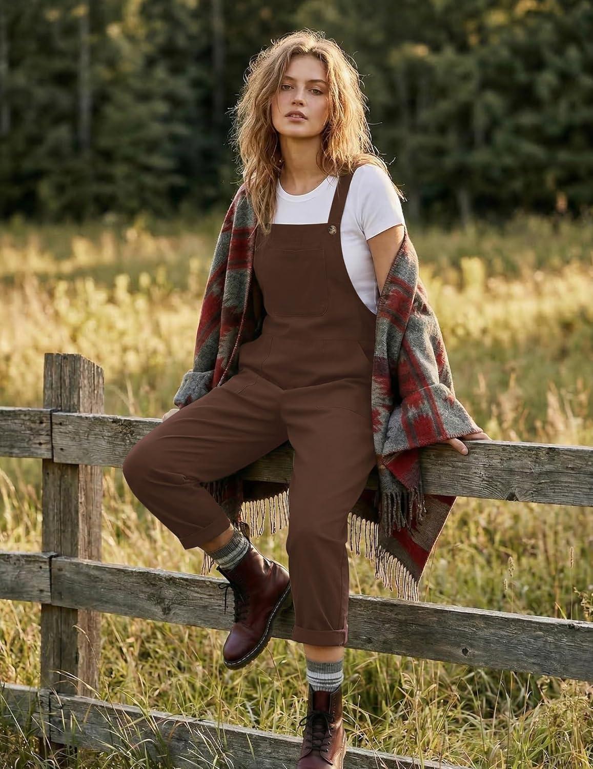 imageEkouaer Overalls for Women Baggy Bib Jumpers Casual Sleeveless Jumpsuits One Piece Long Pant Rompers with Pockets 2026Brown