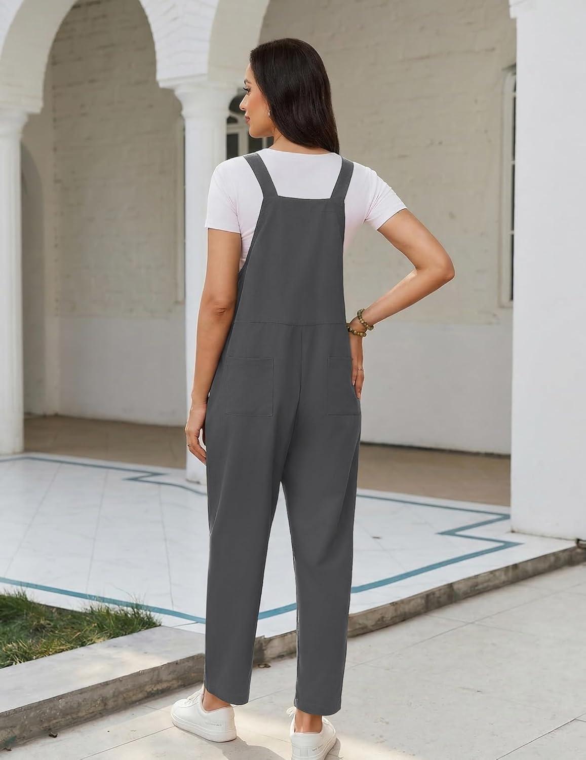 imageEkouaer Overalls for Women Baggy Bib Jumpers Casual Sleeveless Jumpsuits One Piece Long Pant Rompers with Pockets 2026Dark Grey