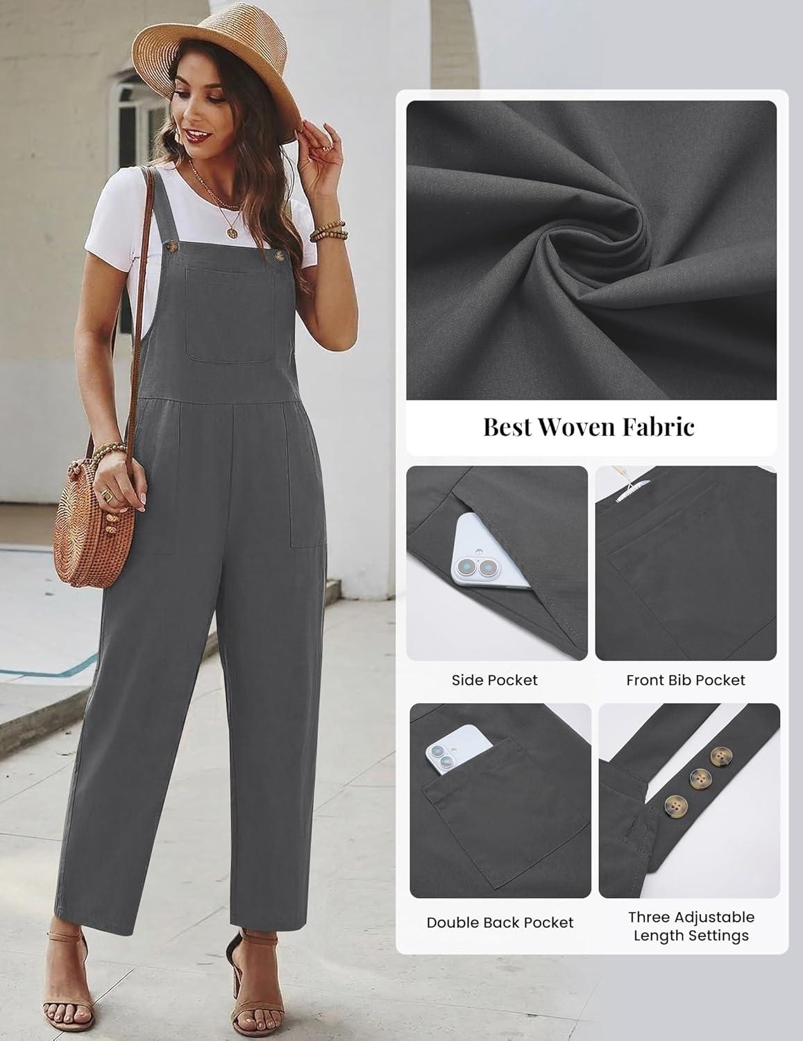 imageEkouaer Overalls for Women Baggy Bib Jumpers Casual Sleeveless Jumpsuits One Piece Long Pant Rompers with Pockets 2026Dark Grey