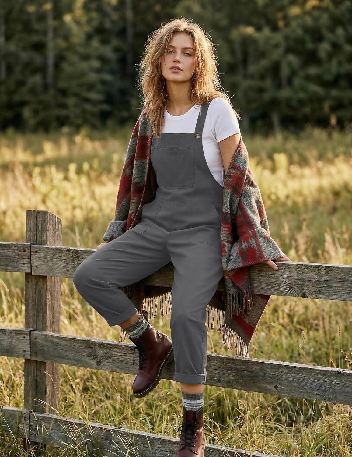 imageEkouaer Overalls for Women Baggy Bib Jumpers Casual Sleeveless Jumpsuits One Piece Long Pant Rompers with Pockets 2026Dark Grey