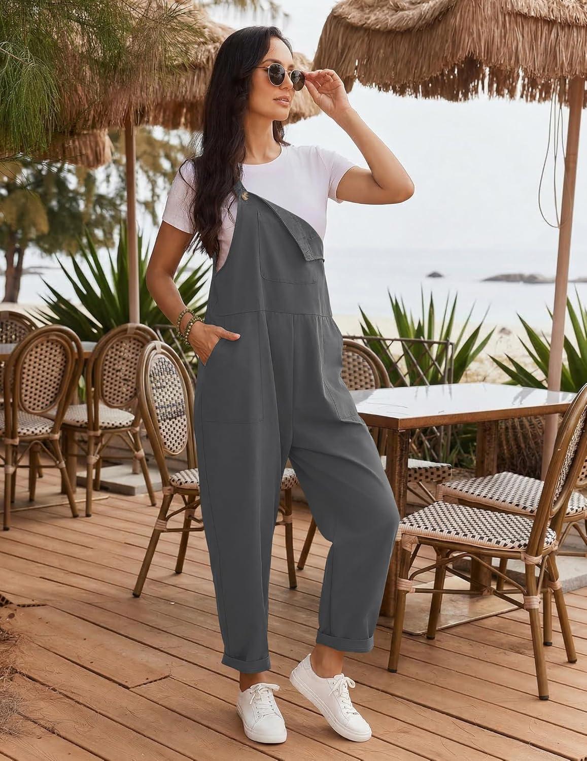 imageEkouaer Overalls for Women Baggy Bib Jumpers Casual Sleeveless Jumpsuits One Piece Long Pant Rompers with Pockets 2026Dark Grey